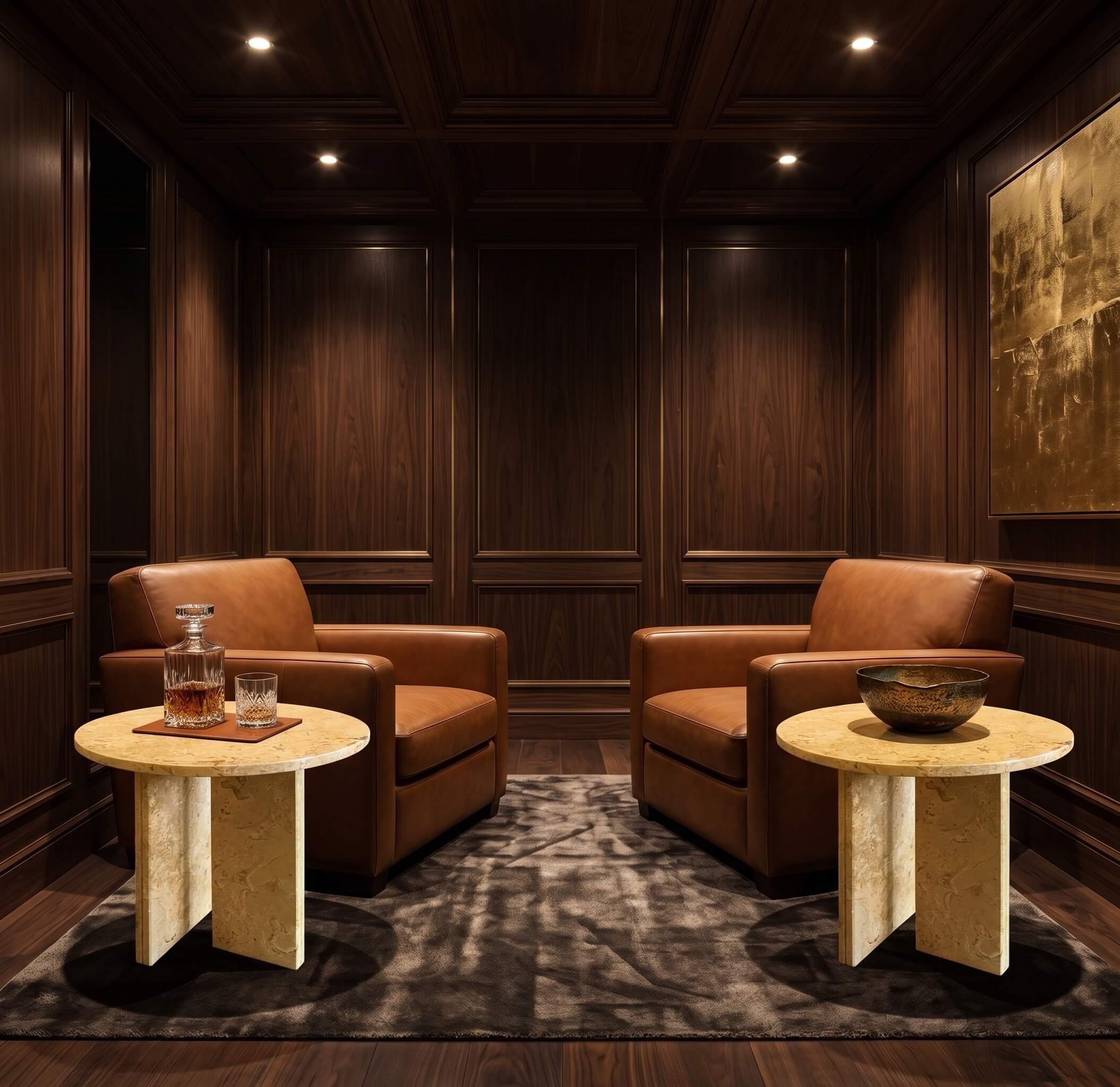 Pair of Amber Gold 45cm marble accent tables set beside rich cognac leather armchairs in a dark wood lounge.