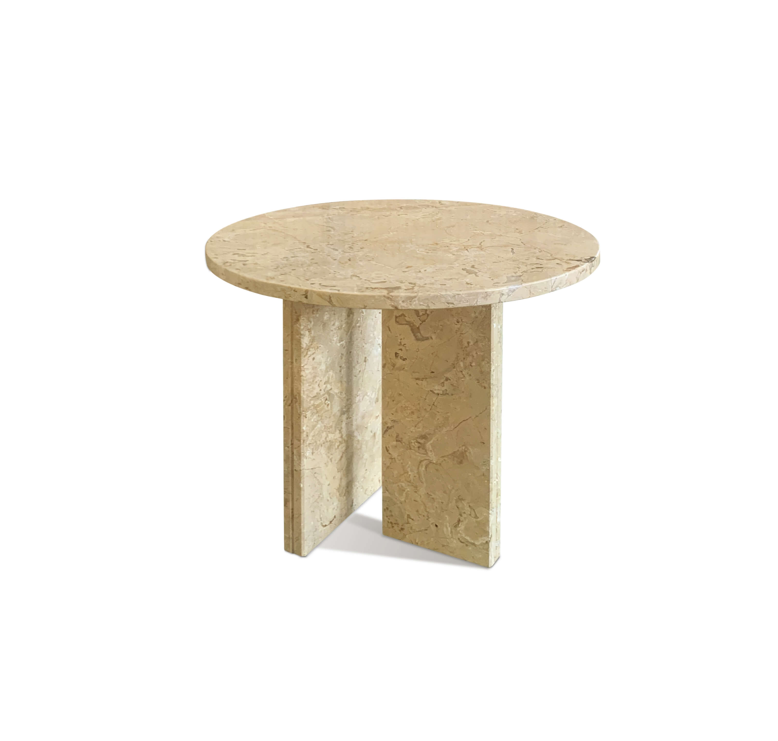 Front view of a round 17.7-inch Amber Gold natural marble side table featuring a polished finish and T-shaped base.