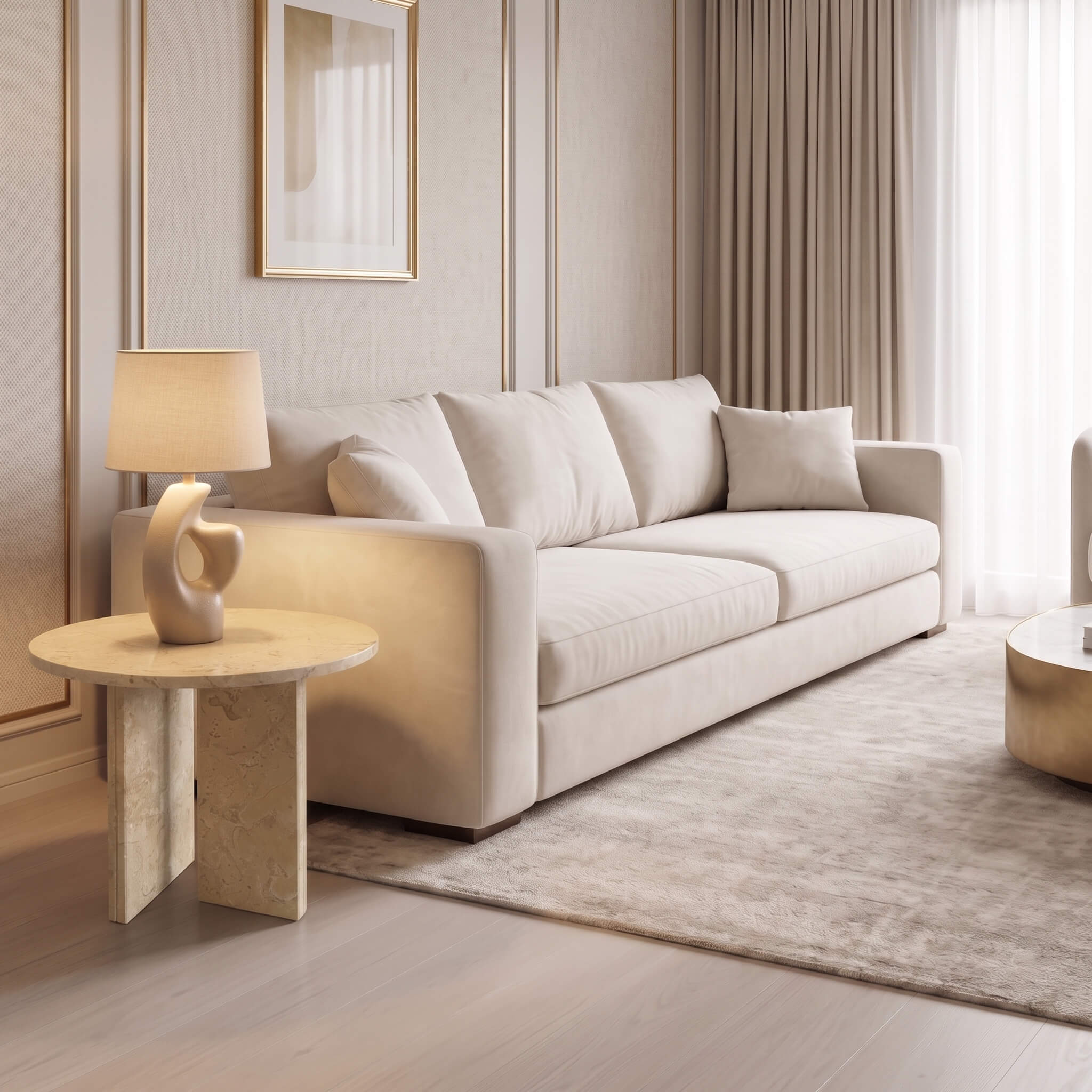 Amber Gold 45cm natural marble side table supporting a modern lamp beside a cream sofa in a cozy living space.