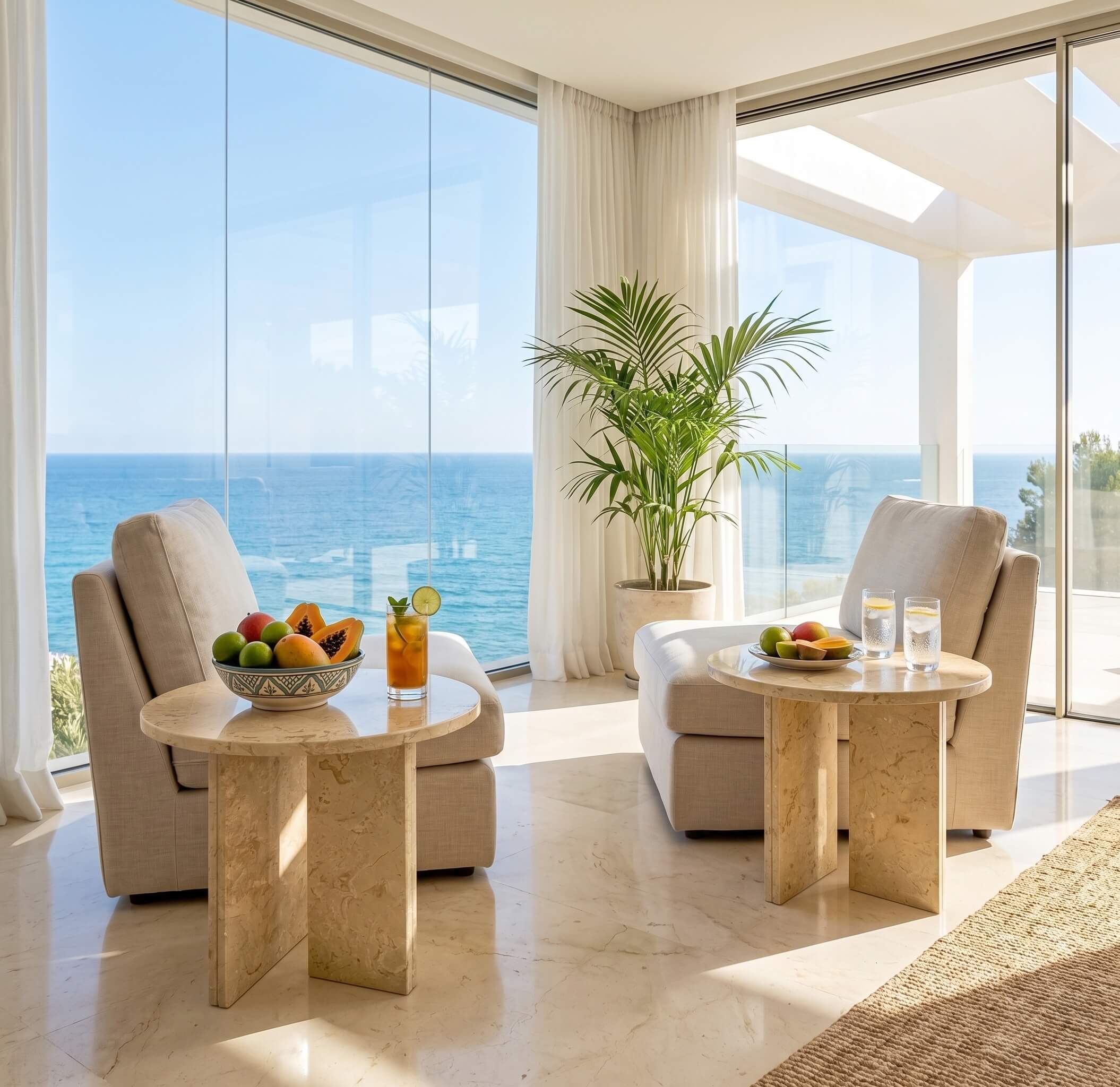 Two 45cm Amber Gold marble side tables flanking lounge armchairs in a sunlit oceanfront room with floor glass.
