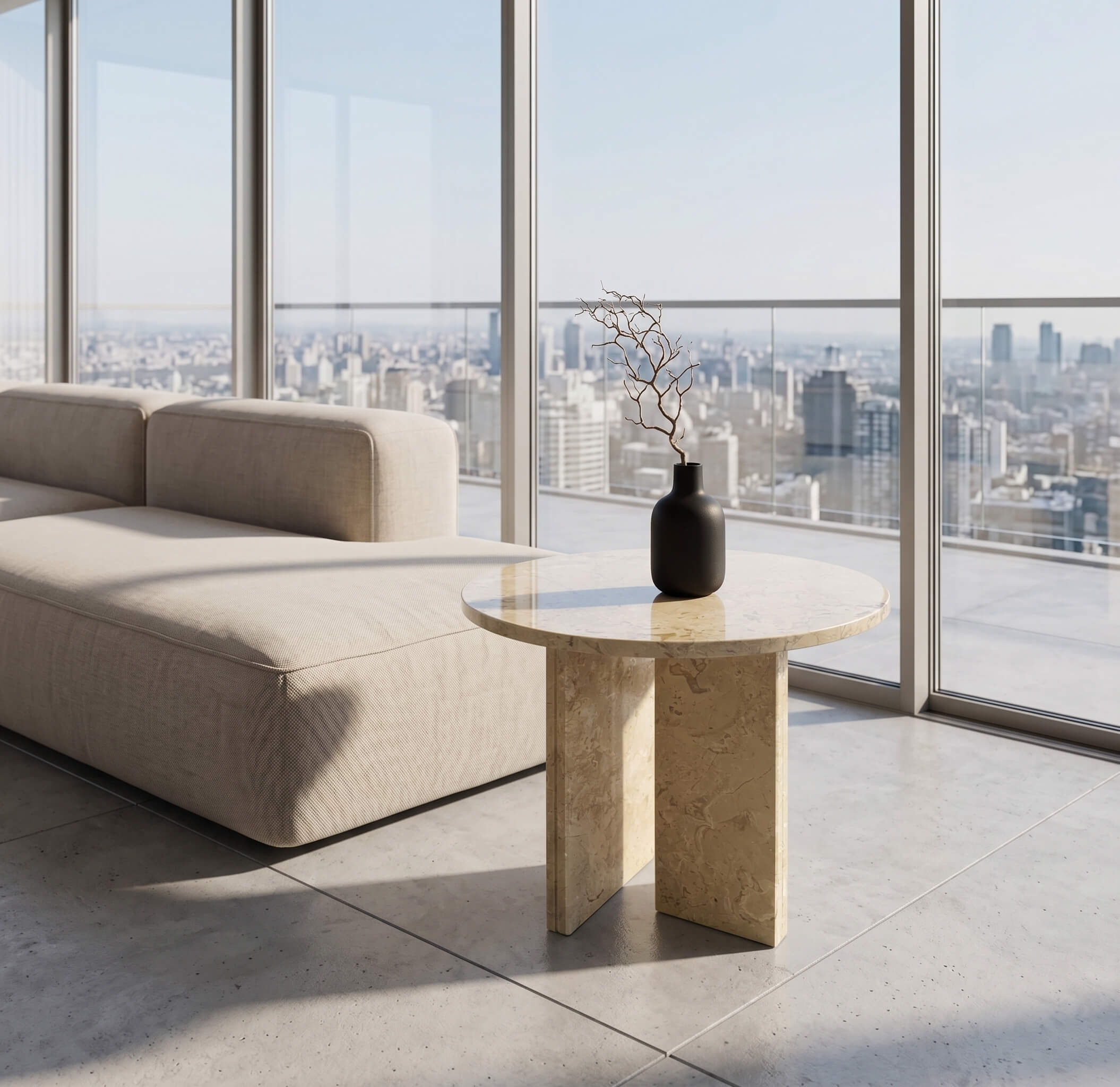 Minimalist 45cm Amber Gold marble side table placed beside floor-to-ceiling windows with a high-rise city view.