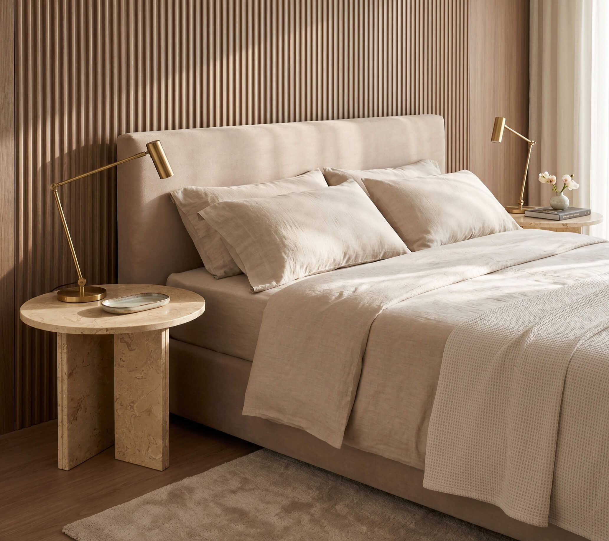 Dual Amber Gold 45cm marble tables used as matching nightstands beside a bed against slatted wood paneling.