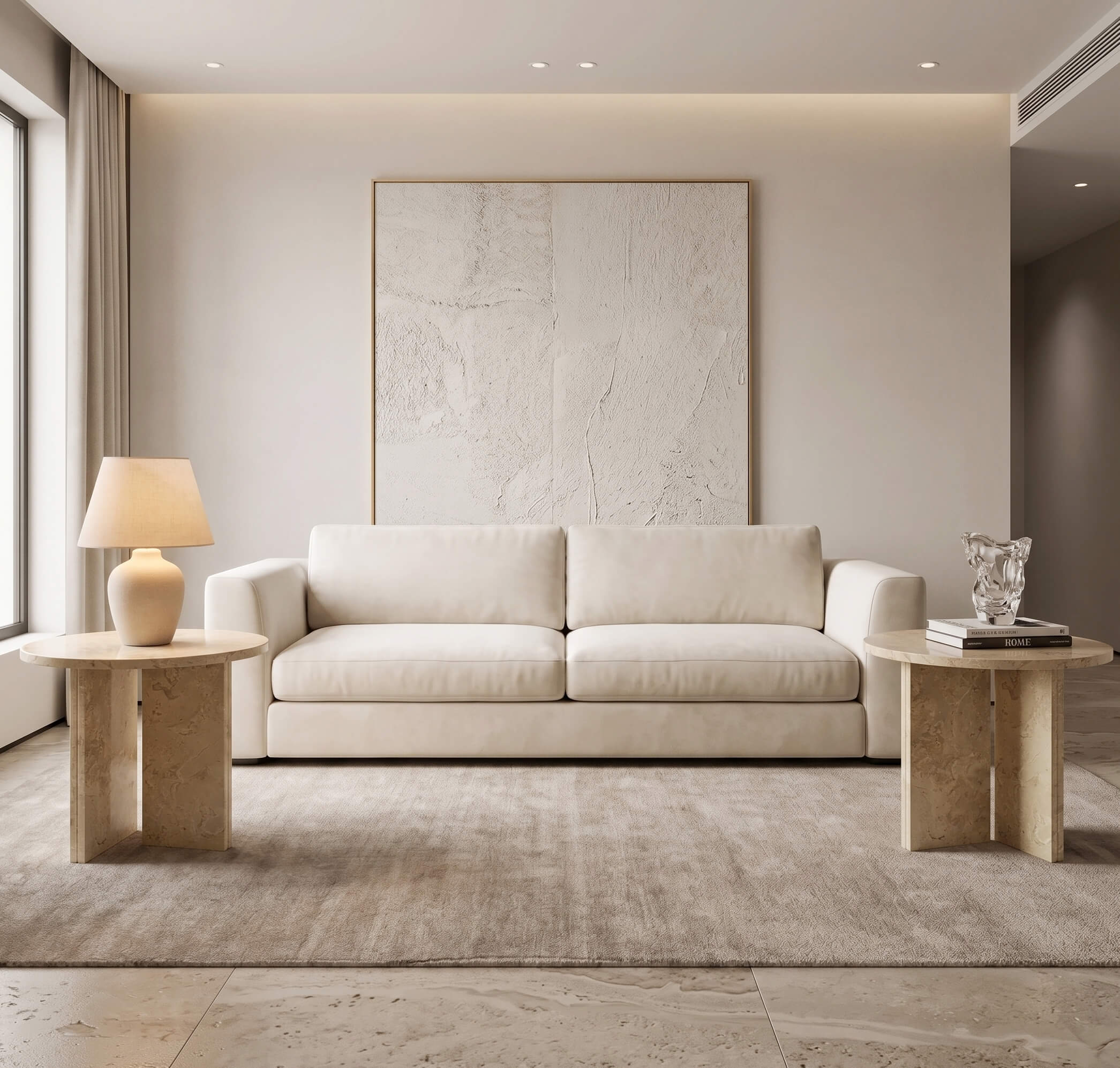 Symmetrical living room setup featuring two 45cm Amber Gold marble side tables flanking a cream linen sofa.