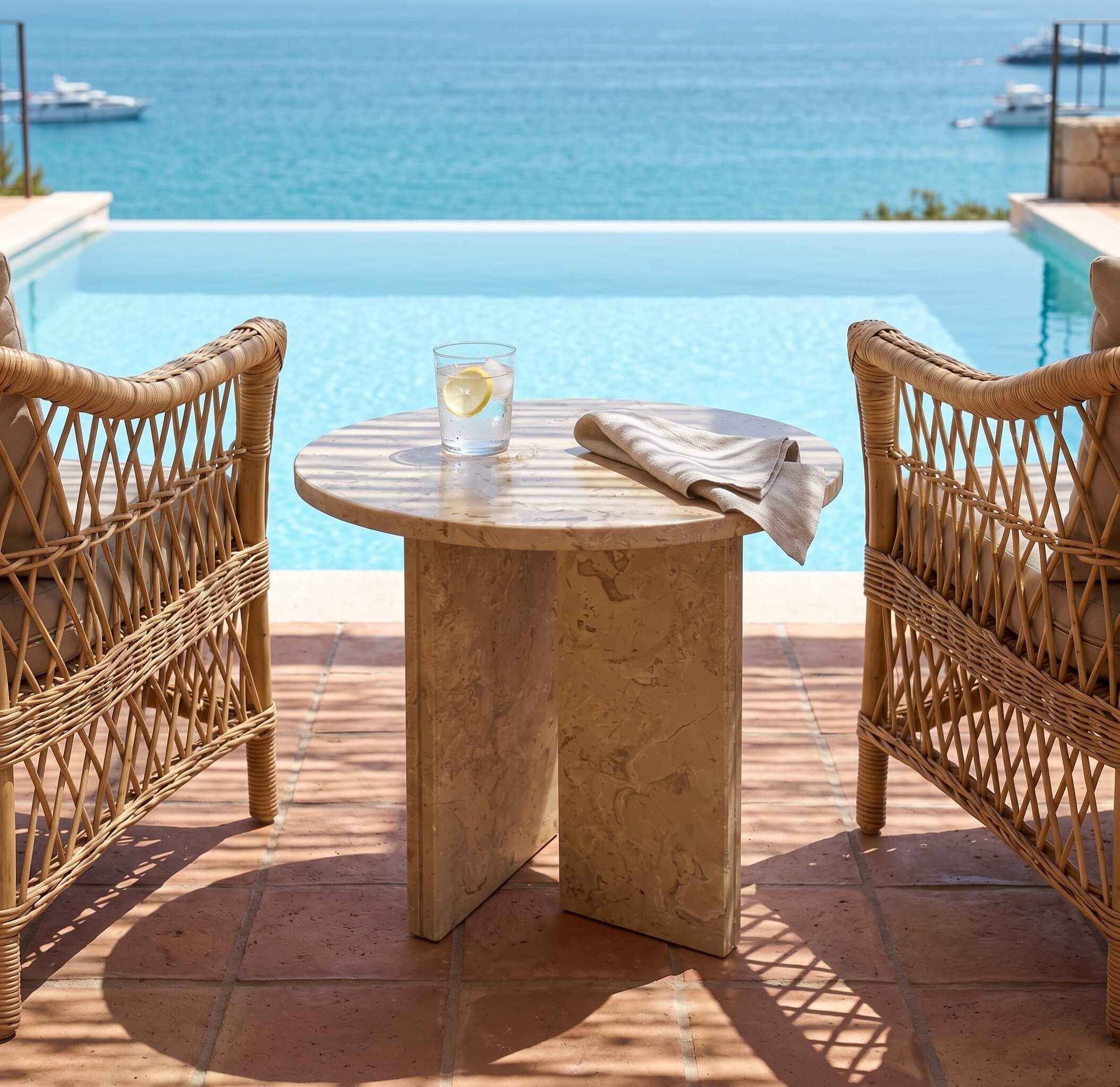 Round 45cm Amber Gold marble table set on a sunlit terrace between rattan armchairs with a ocean pool backdrop.