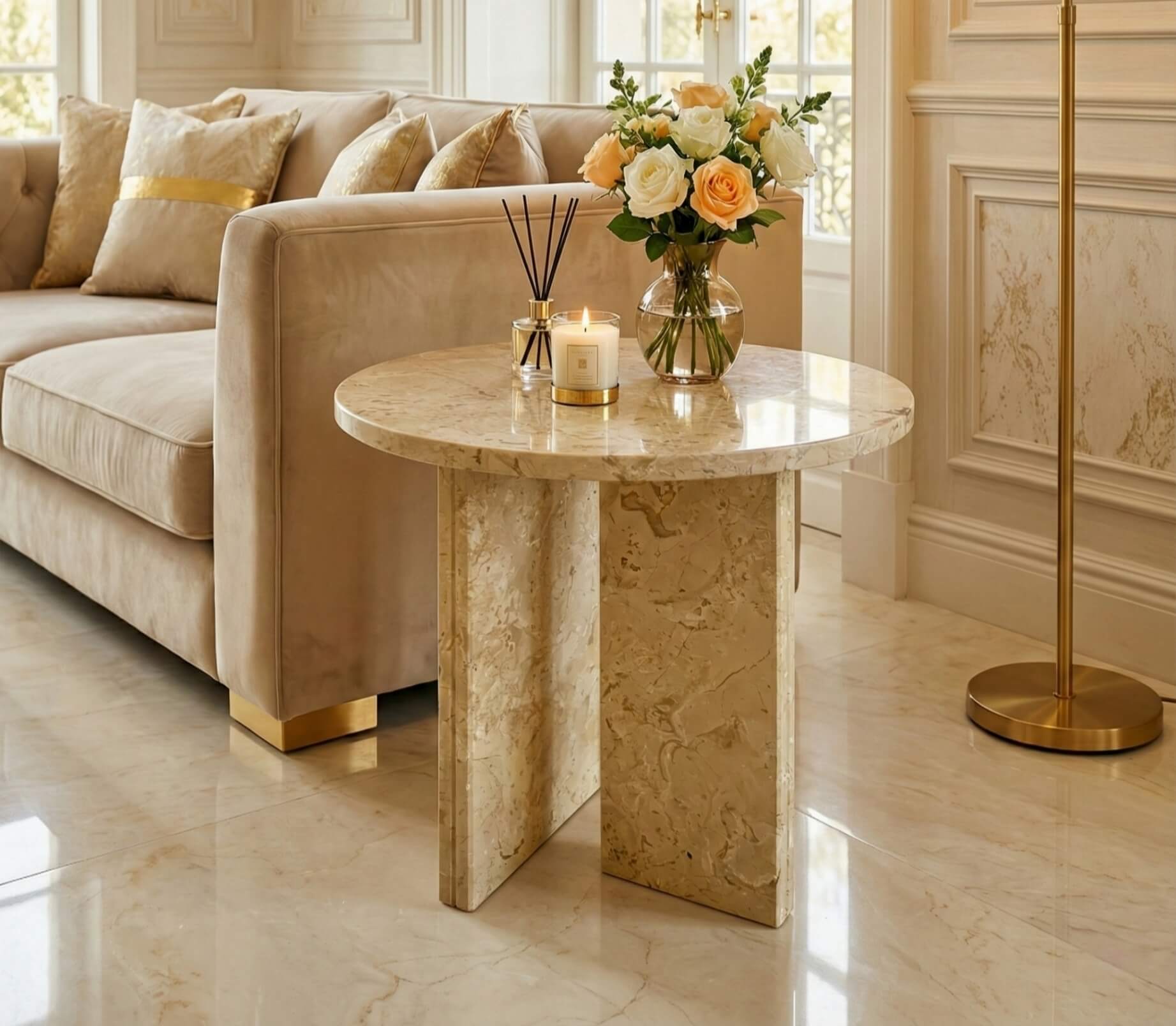 Polished 45cm Amber Gold marble accent table set beside a velvet sofa with candles and fresh flowers.