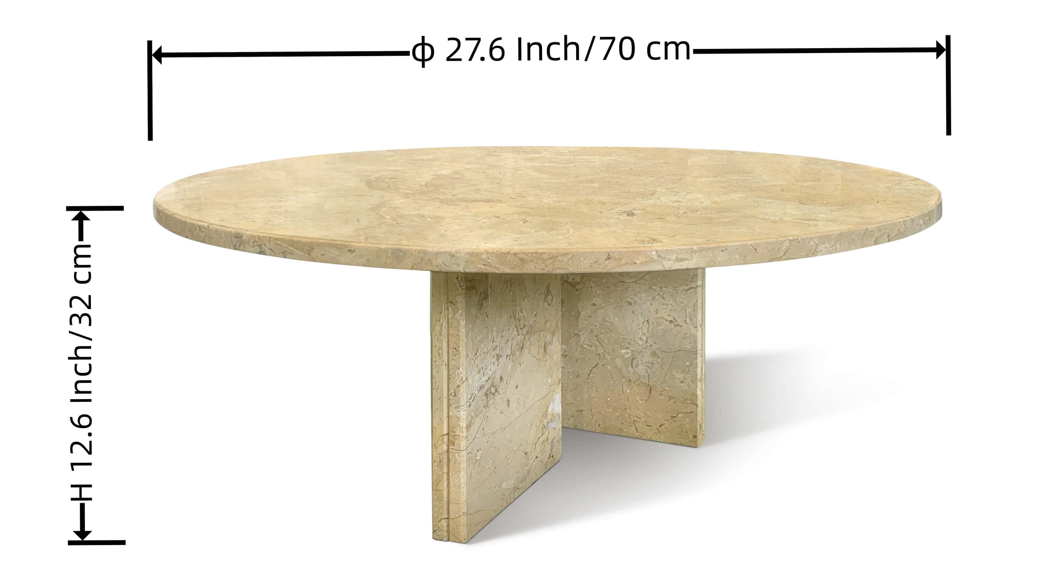 Dimension diagram of Amber Gold marble round coffee table with 27.6 inch diameter top and 12.6 inch height specification.