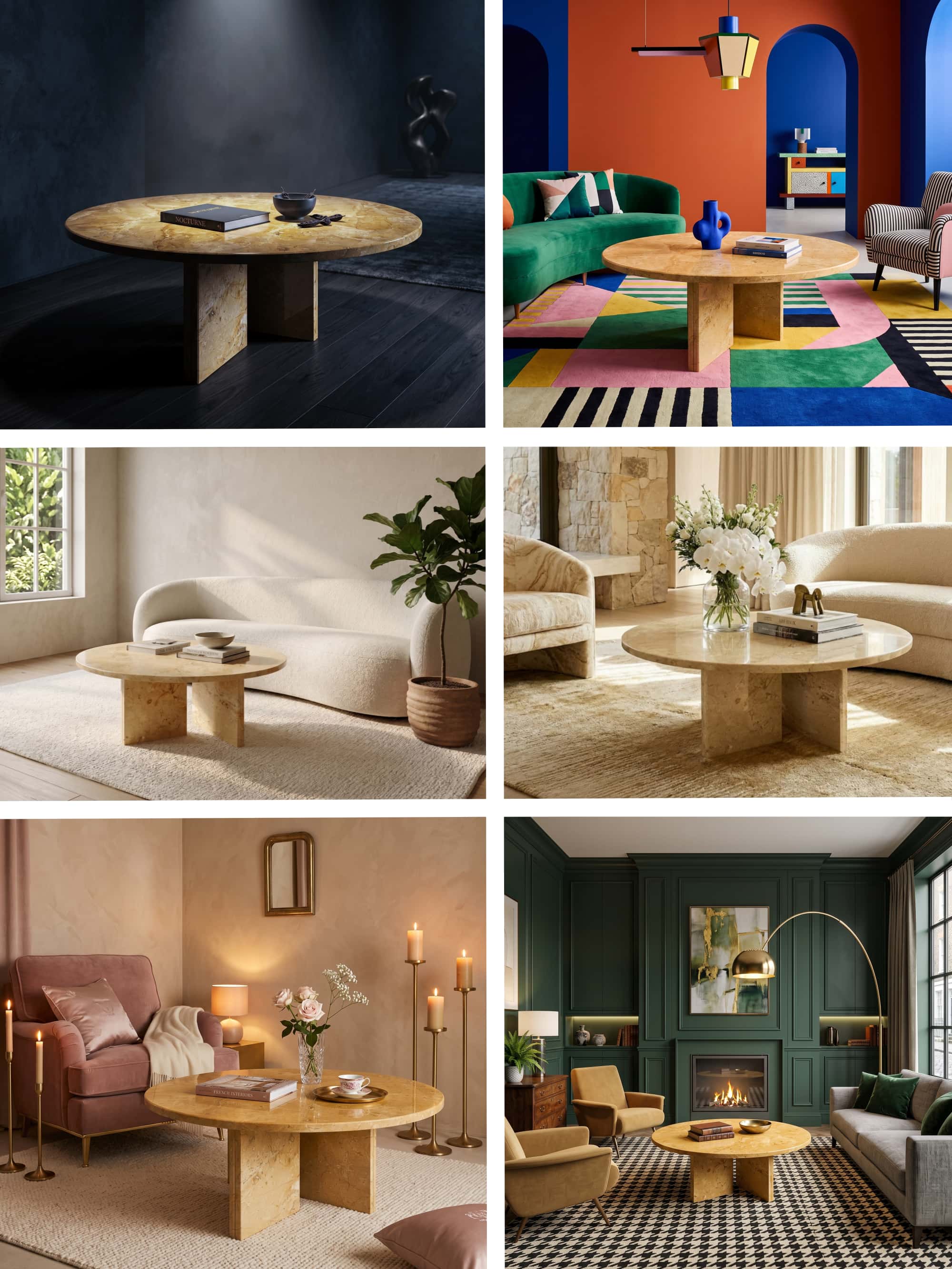 Style collage grid showing 70cm Amber Gold natural marble round coffee table arranged across six interior settings.