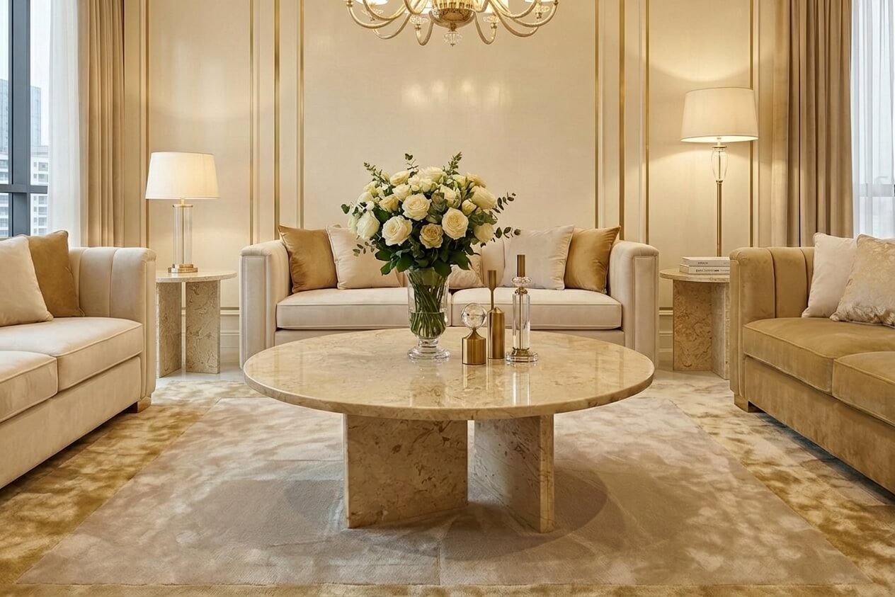 Formal luxury room featuring 70cm Amber Gold natural marble round coffee table paired with matching 45cm side tables.