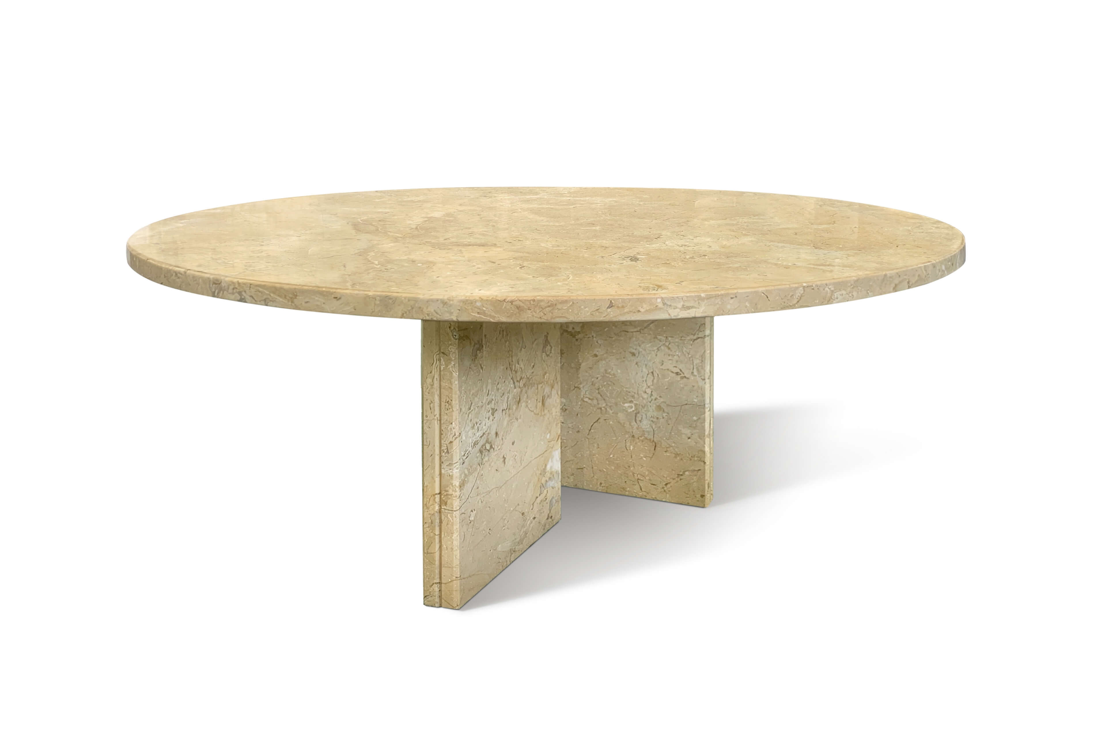 Side profile of a 70cm Amber Gold natural marble round coffee table displaying distinct honed beige veining and slab legs.
