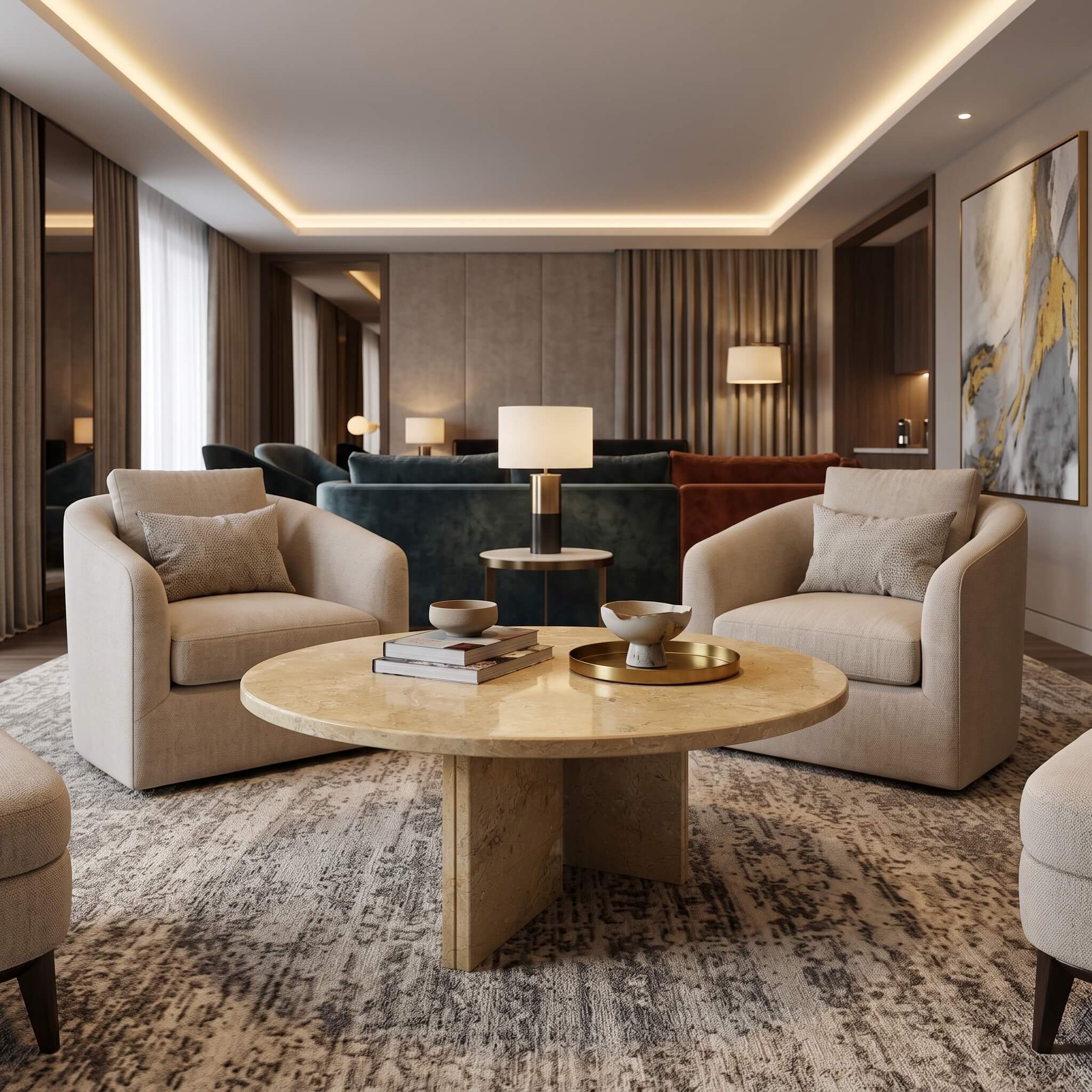Elegant lounge layout centered around Amber Gold natural marble round coffee table flanked by two beige club armchairs.