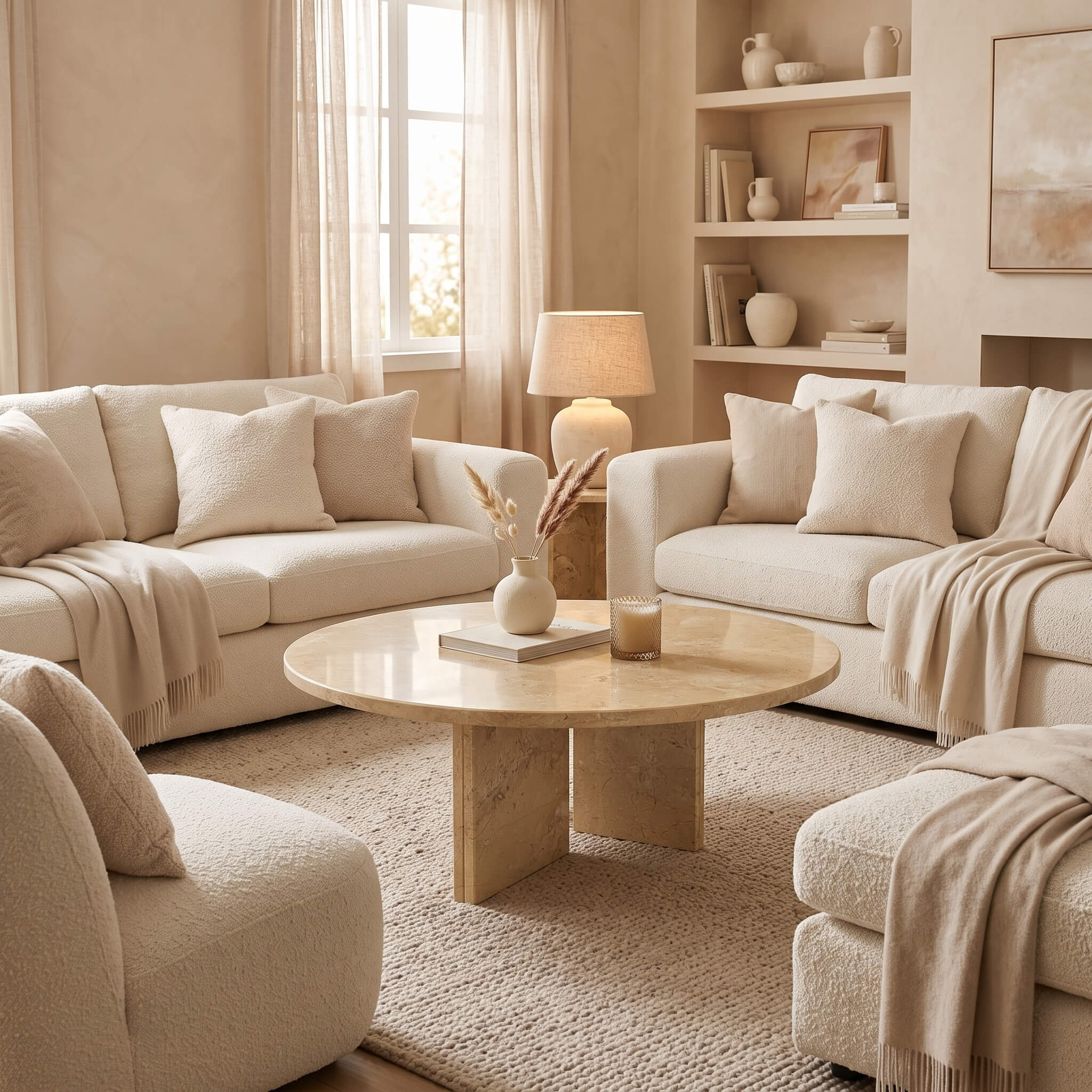 Cozy neutral living room featuring Amber Gold natural marble round coffee table centered among cream boucle armchairs.
