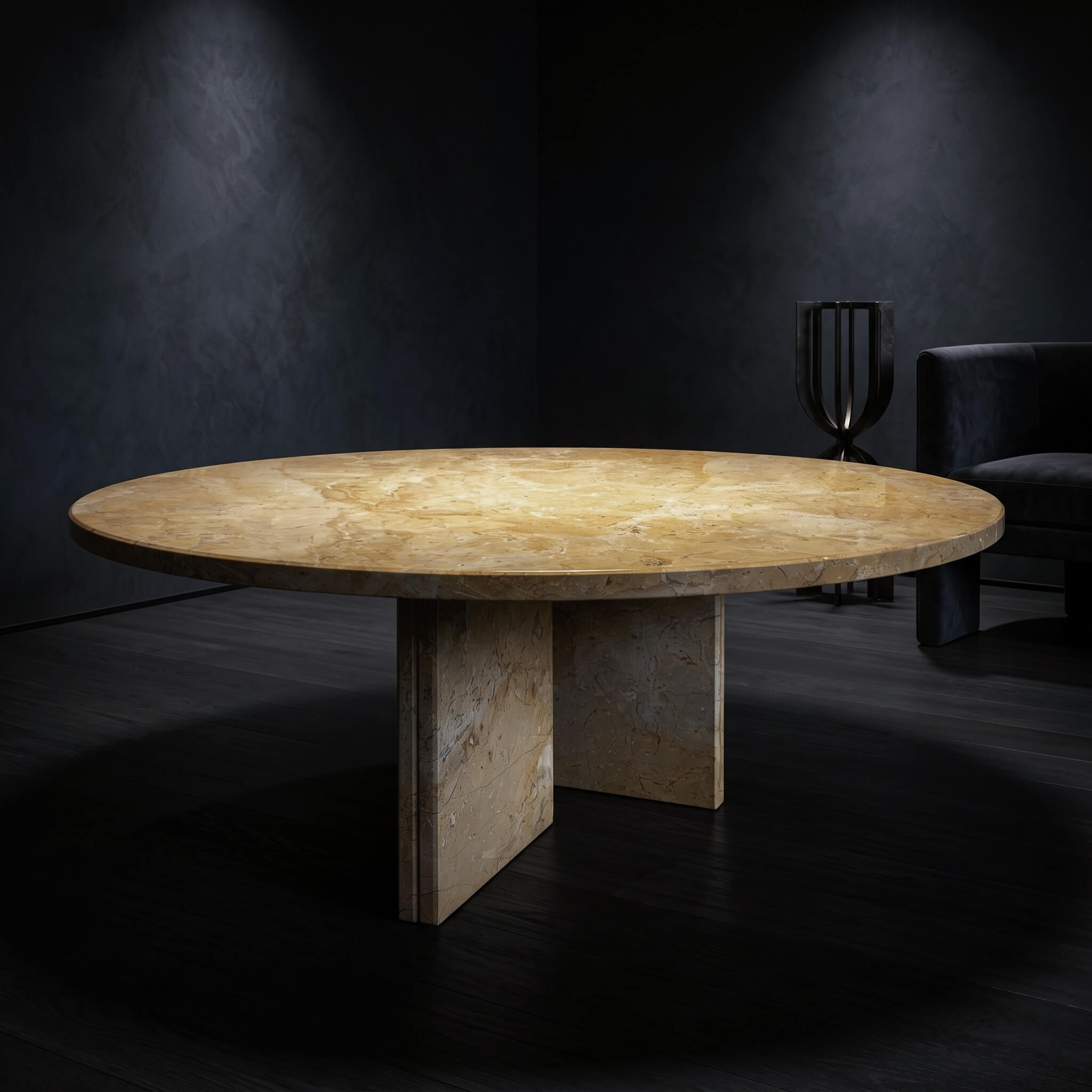 Dramatic dark interior setting spotlighting Amber Gold natural marble round coffee table with rich warm stone veining.