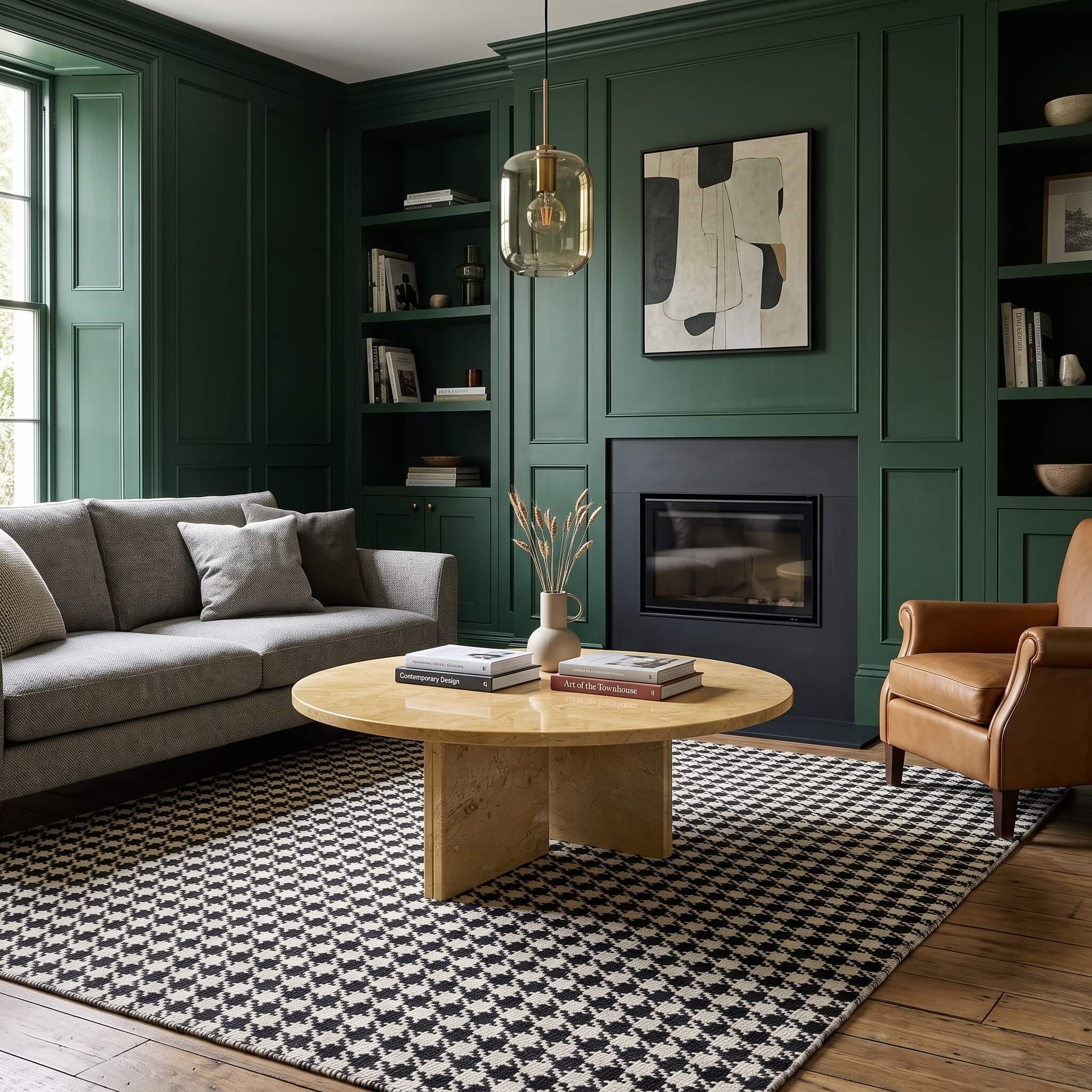 Amber Gold natural marble round coffee table with 70cm top placed on houndstooth rug in dark green paneled room.