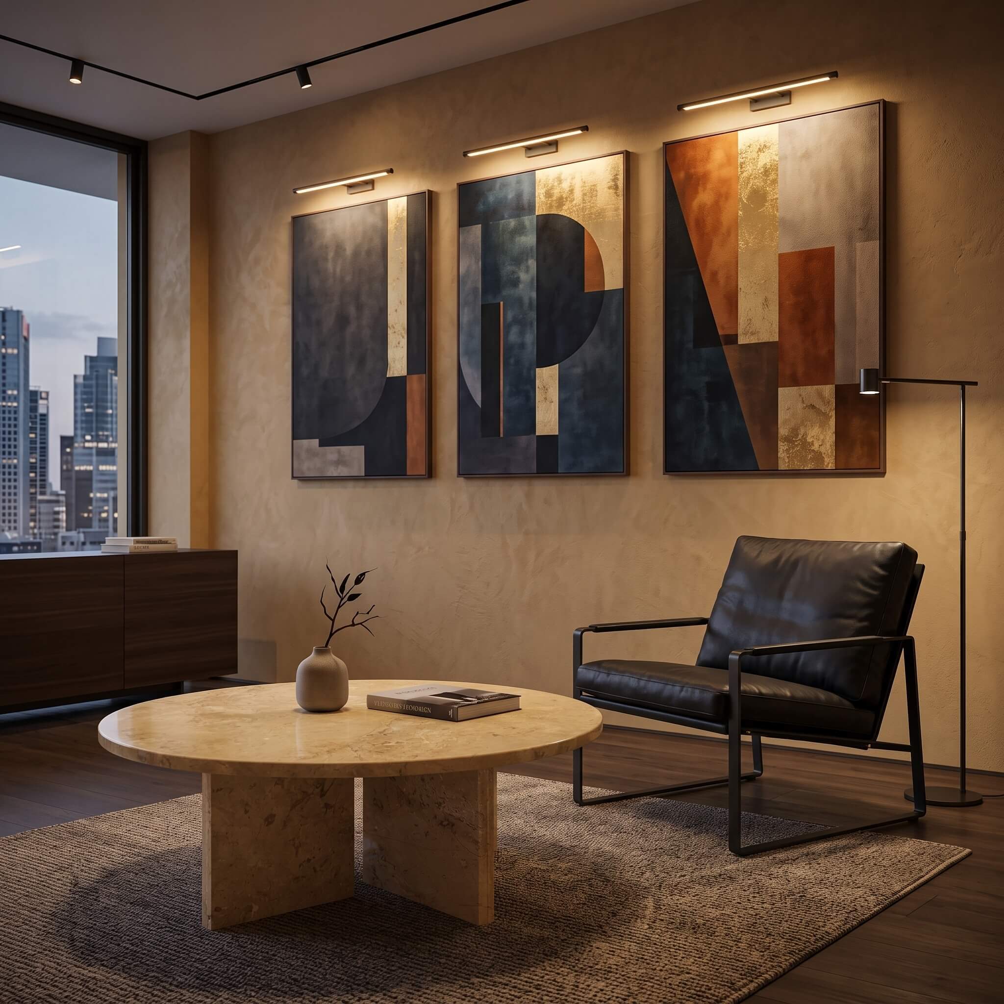 Modern gallery room exhibiting Amber Gold natural marble round coffee table under picture lighting on textured rug.