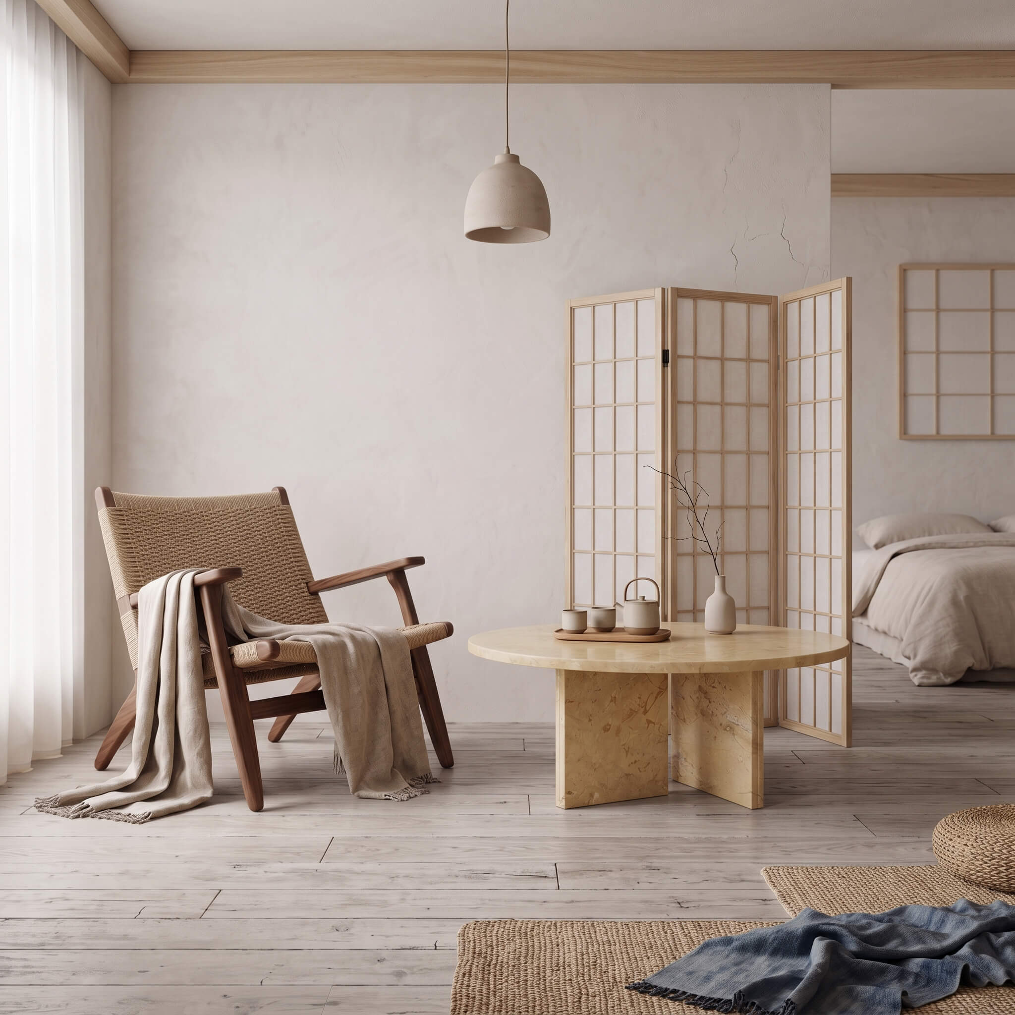 Japandi style living space with 70cm Amber Gold natural marble round coffee table beside woven wood armchair and screen.