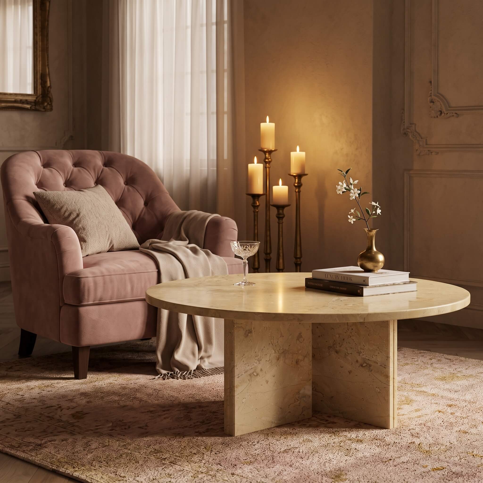 Atmospheric cozy nook with Amber Gold natural marble round coffee table paired with tufted velvet pink reading chair.