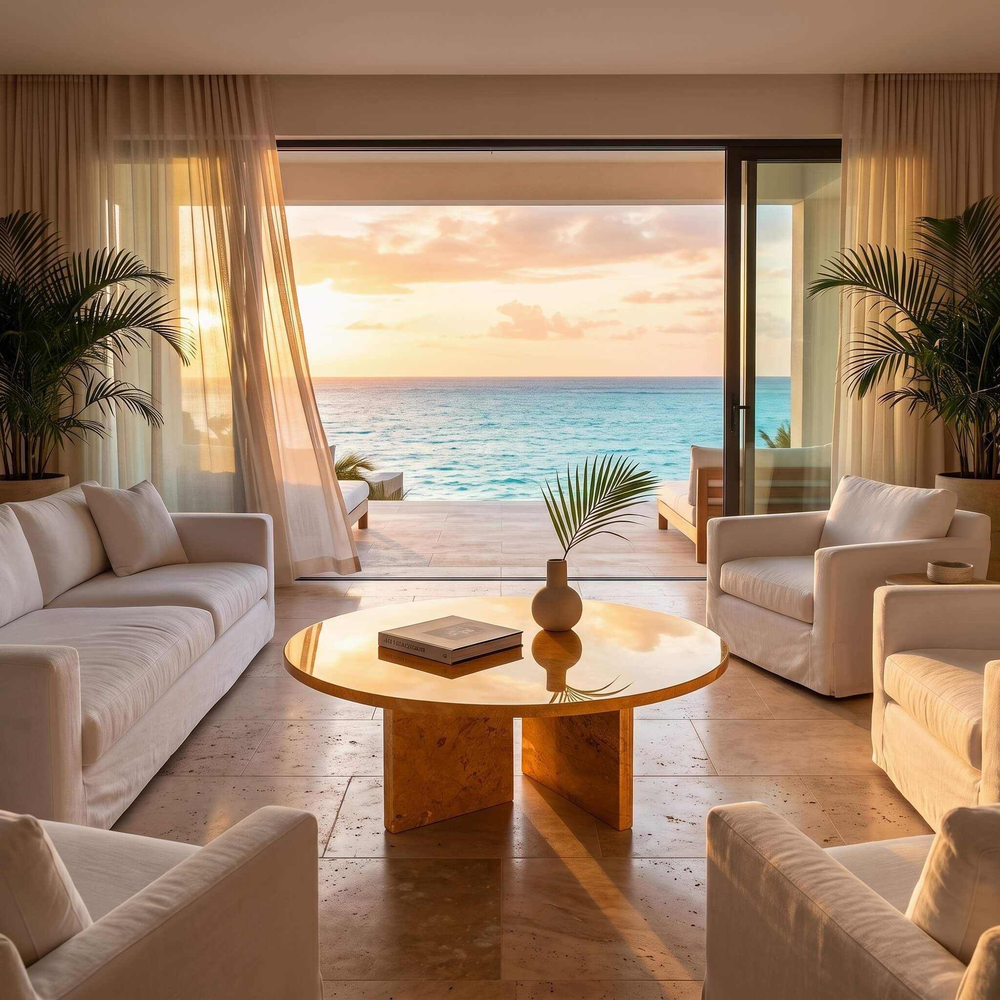 Oceanfront luxury living room with Amber Gold natural marble round coffee table styled between cream armchair seating.