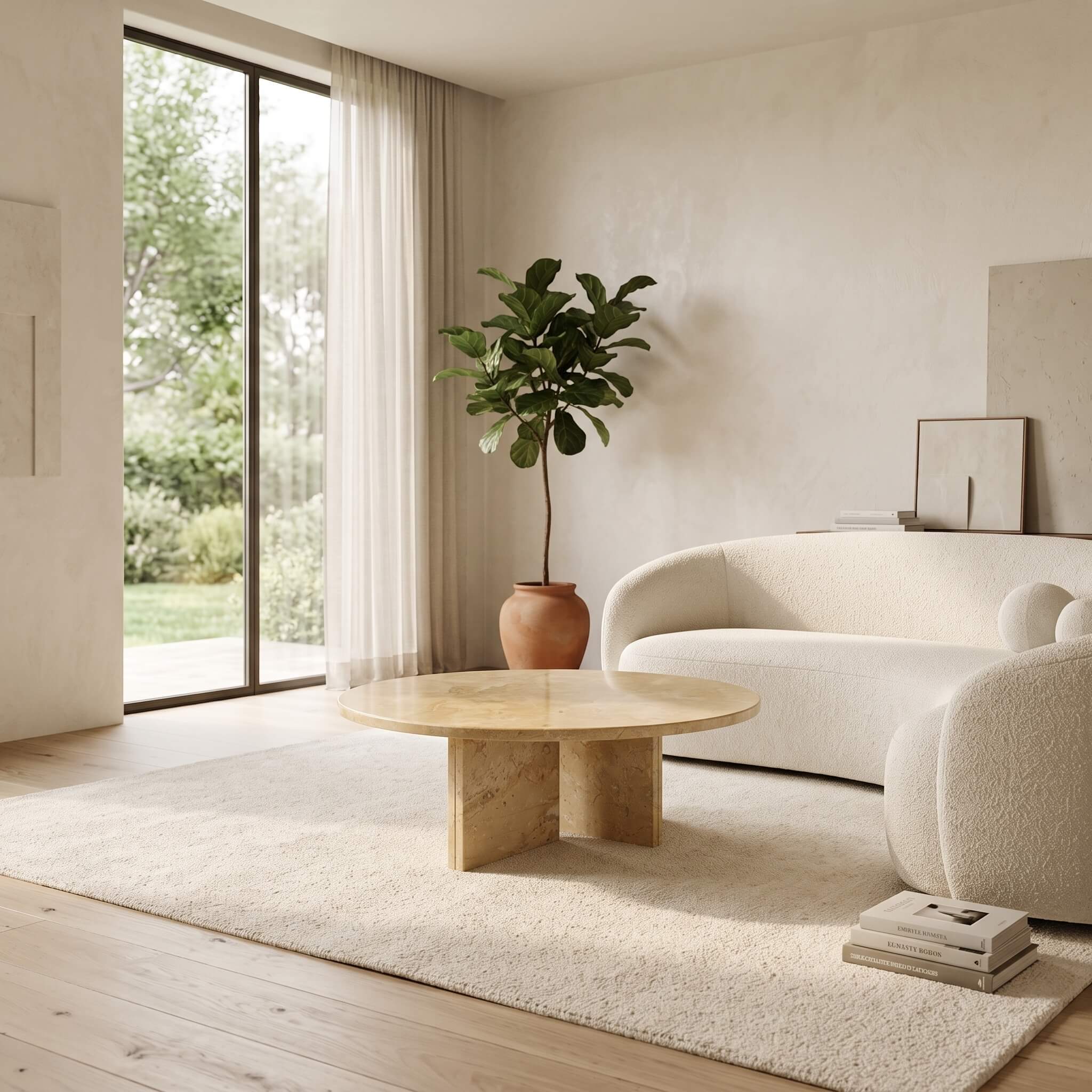 Minimalist living room with 70cm Amber Gold natural marble round coffee table set on cream carpet by curved sofa.