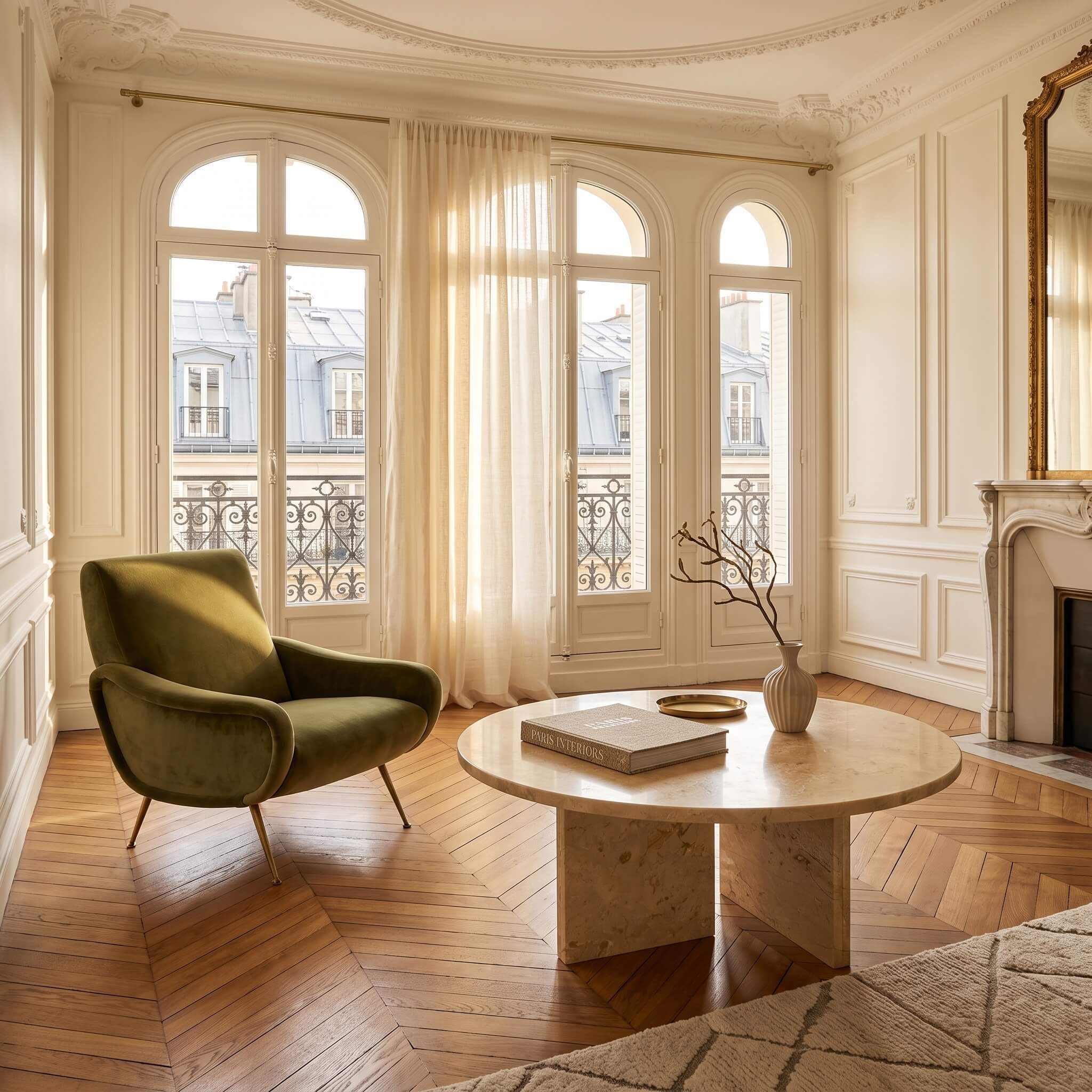 Classic Parisian apartment interior styling Amber Gold natural marble round coffee table on herringbone wood floor.
