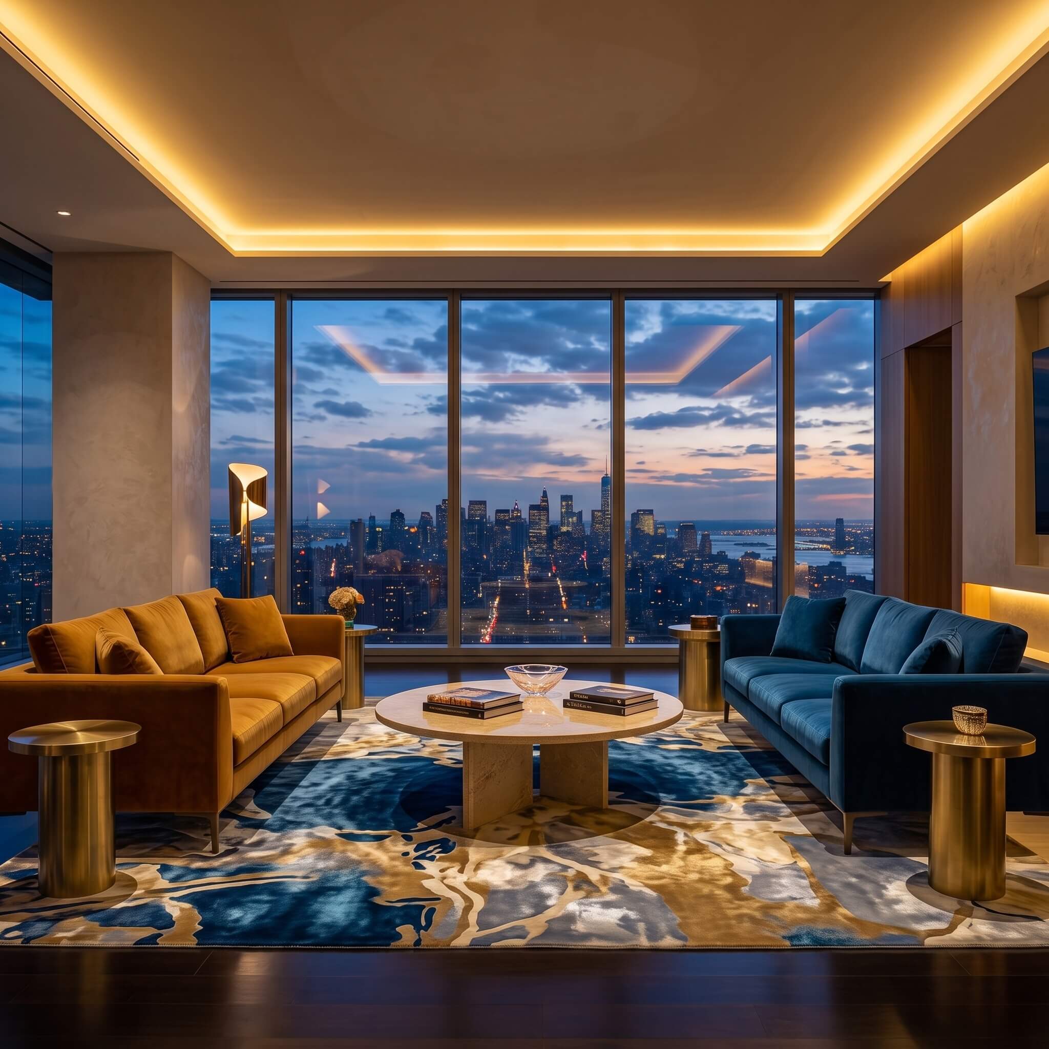 Luxury city penthouse living room showcasing 70cm Amber Gold natural marble round coffee table under warm lighting.