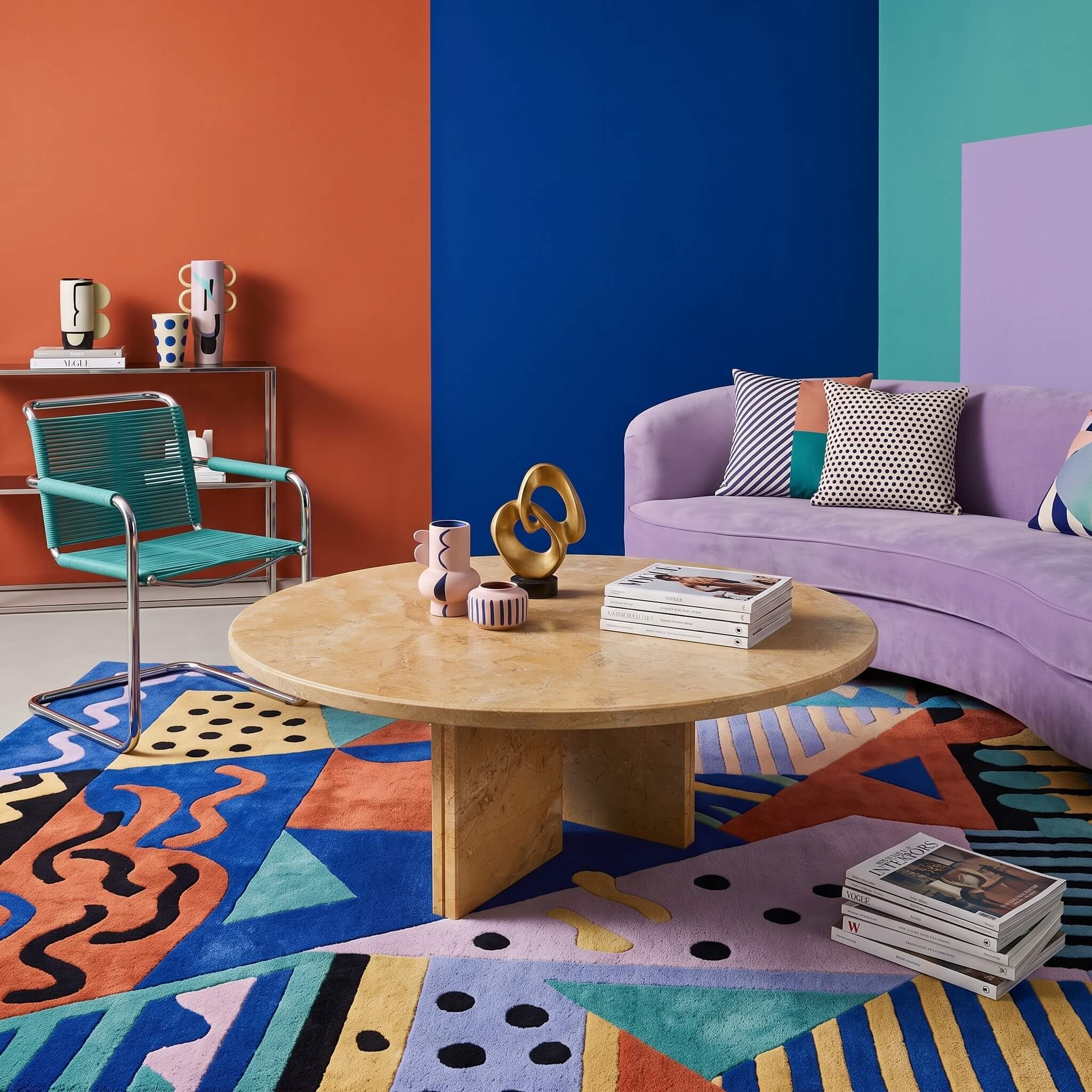 Vibrant living space featuring Amber Gold natural marble round coffee table over geometric carpet with bold walls.