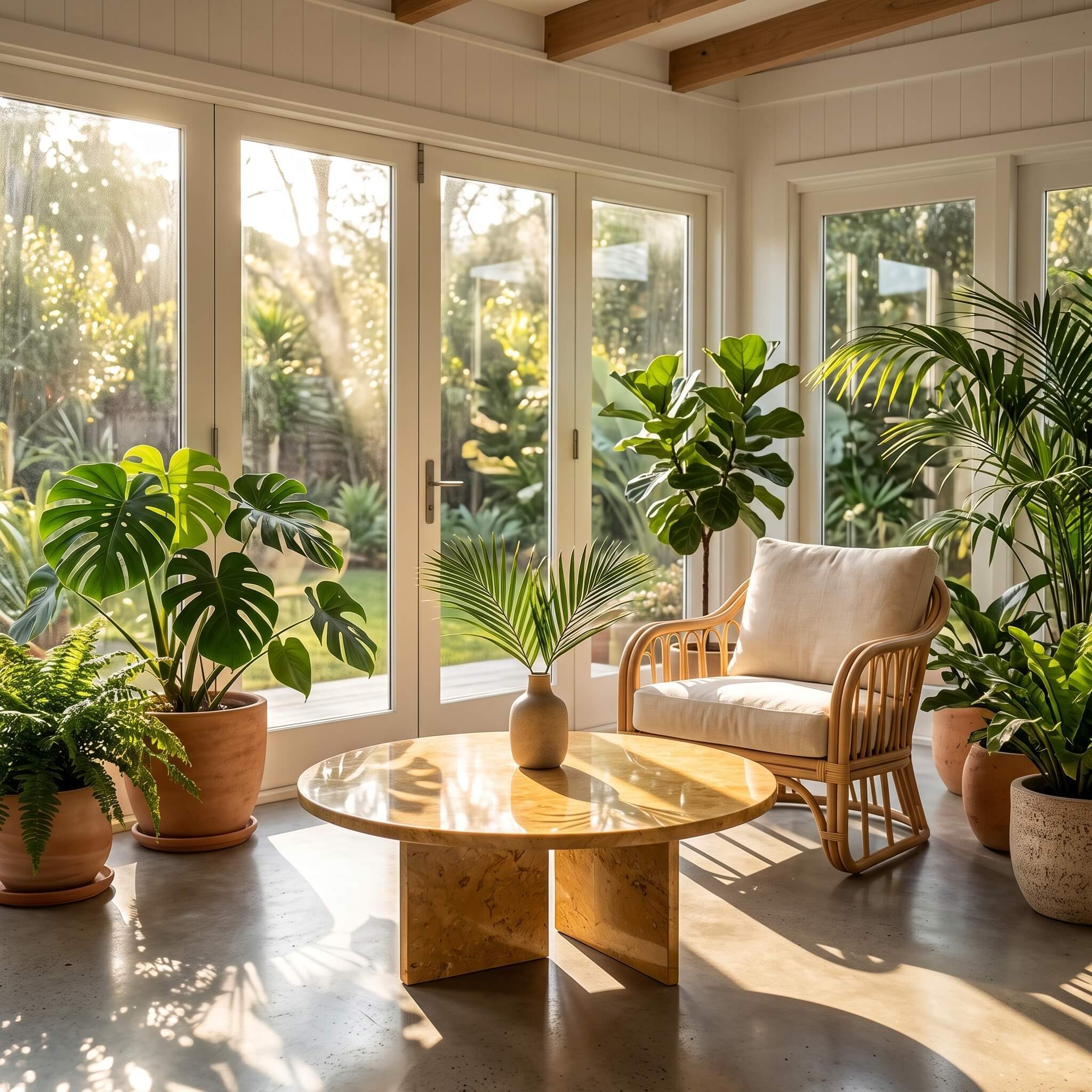 Sunlit tropical sunroom featuring Amber Gold natural marble round coffee table surrounded by potted houseplants.