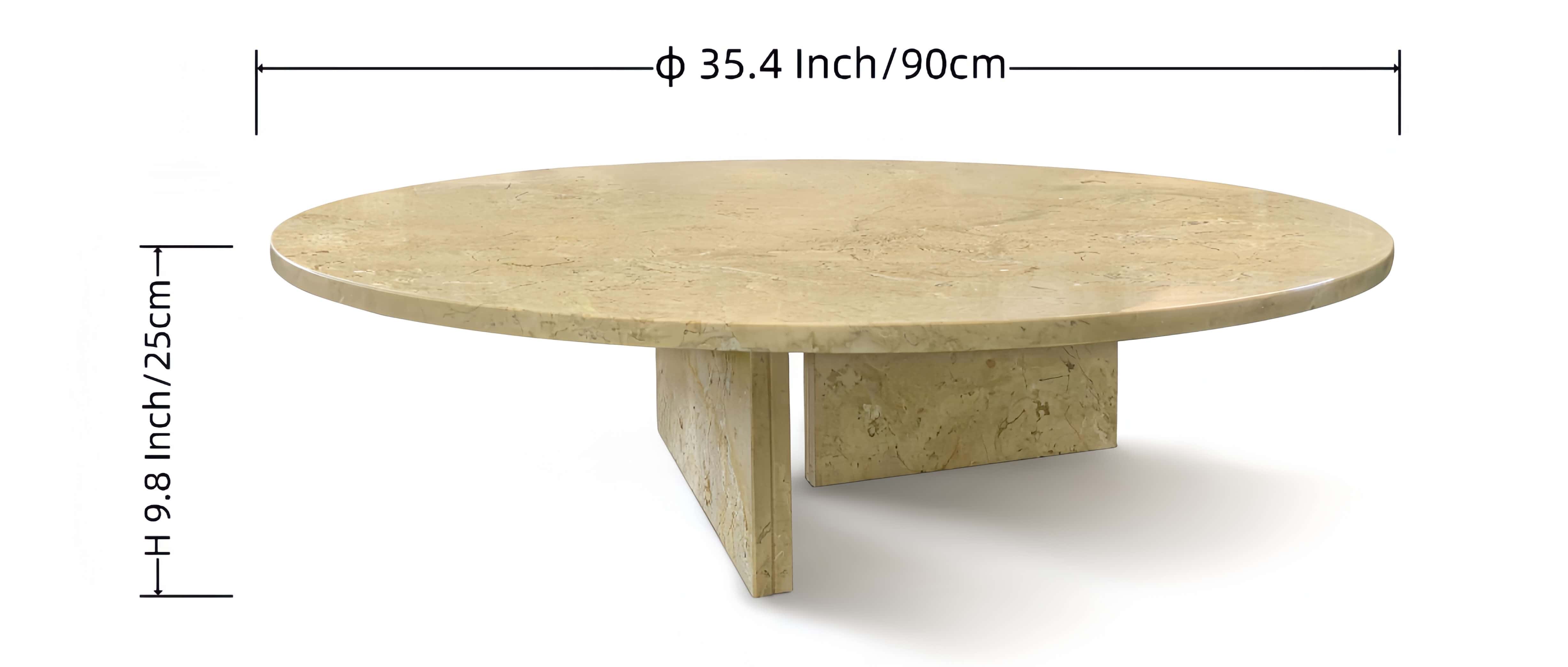 Dimension d.iagram of Amber Gold marble coffee table: 35.4 inch / 90cm diameter and 9.8 inch / 25cm height