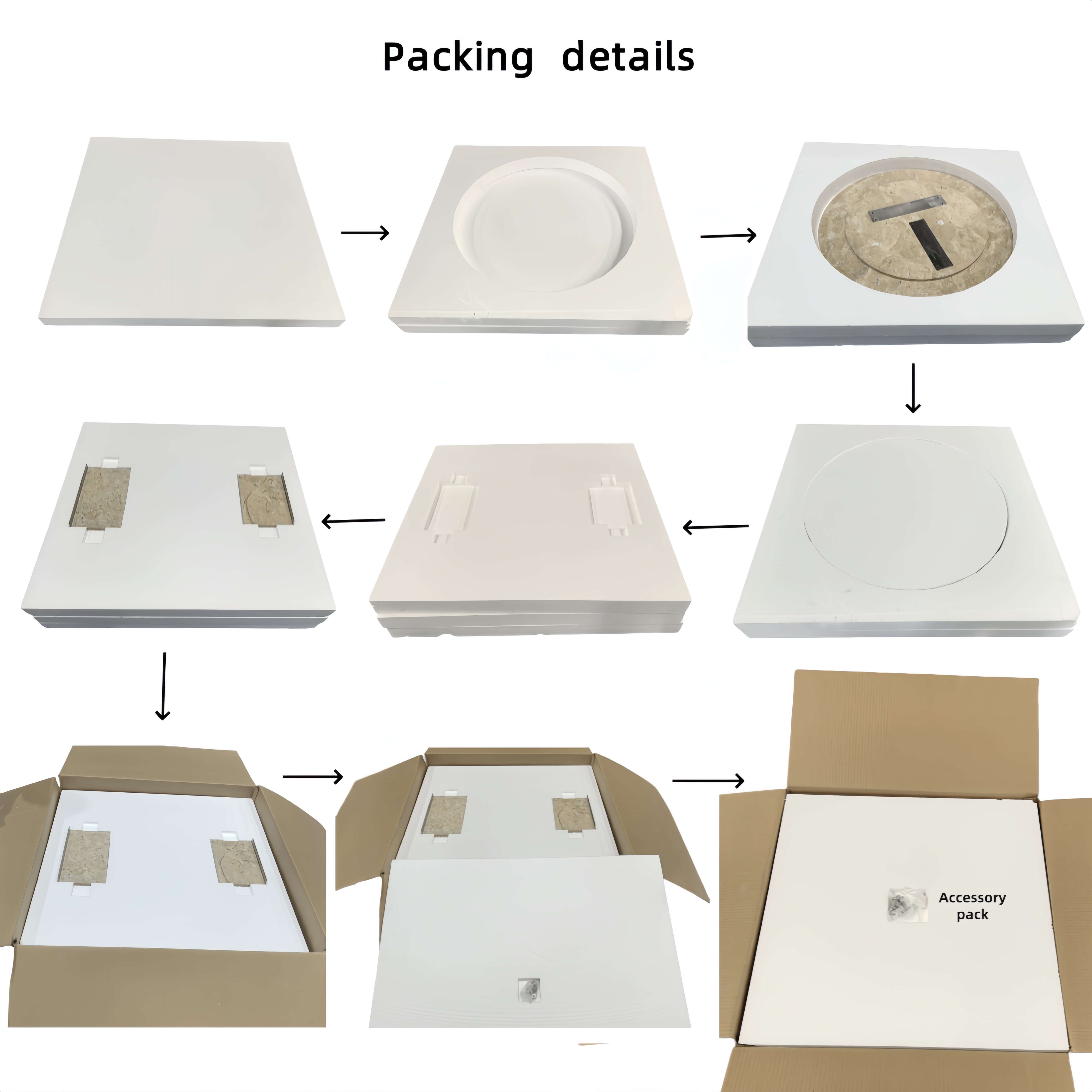 Multi-layer foam packaging steps for Amber Gold marble coffee table: tabletop, leg bases and reinforced carton protection.