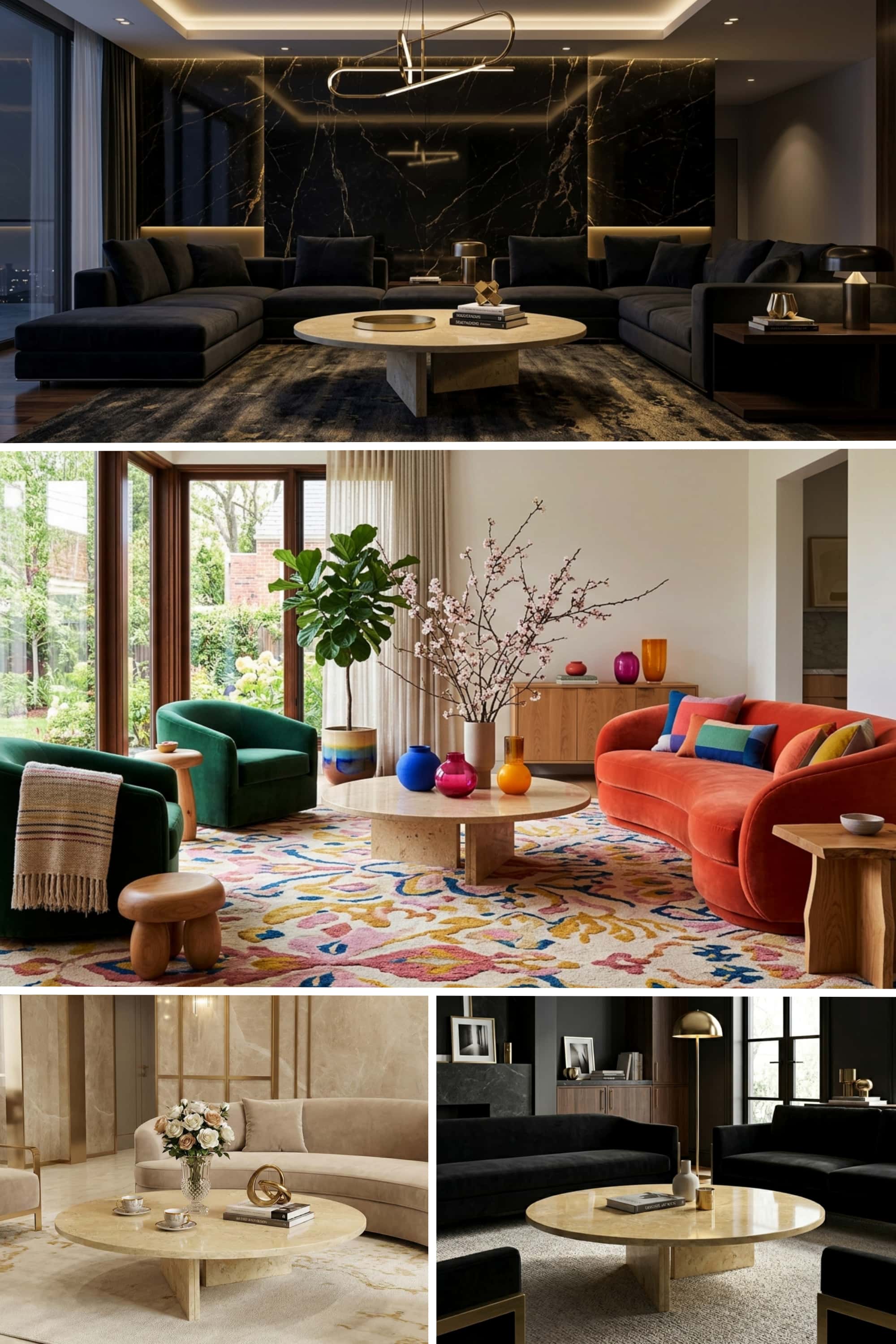 Amber Gold marble coffee table styled across four interiors: dark penthouse, color maximalism, French glam and minimalist lounge.