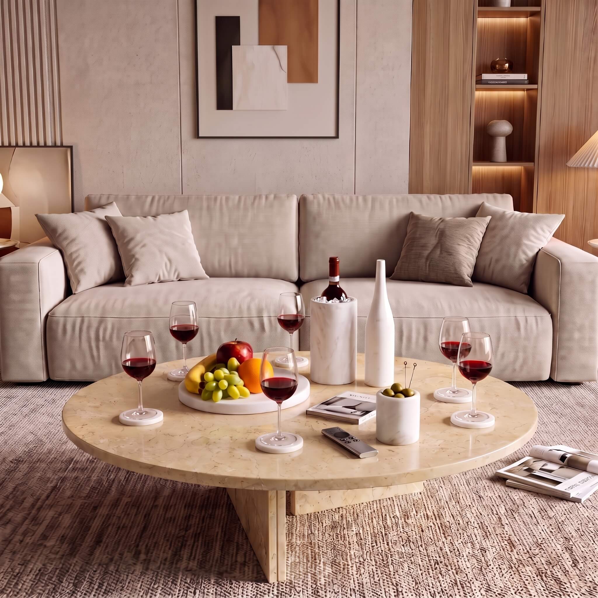 Snow Mountain White marble set styled on Amber Gold polished marble coffee table in modern room.