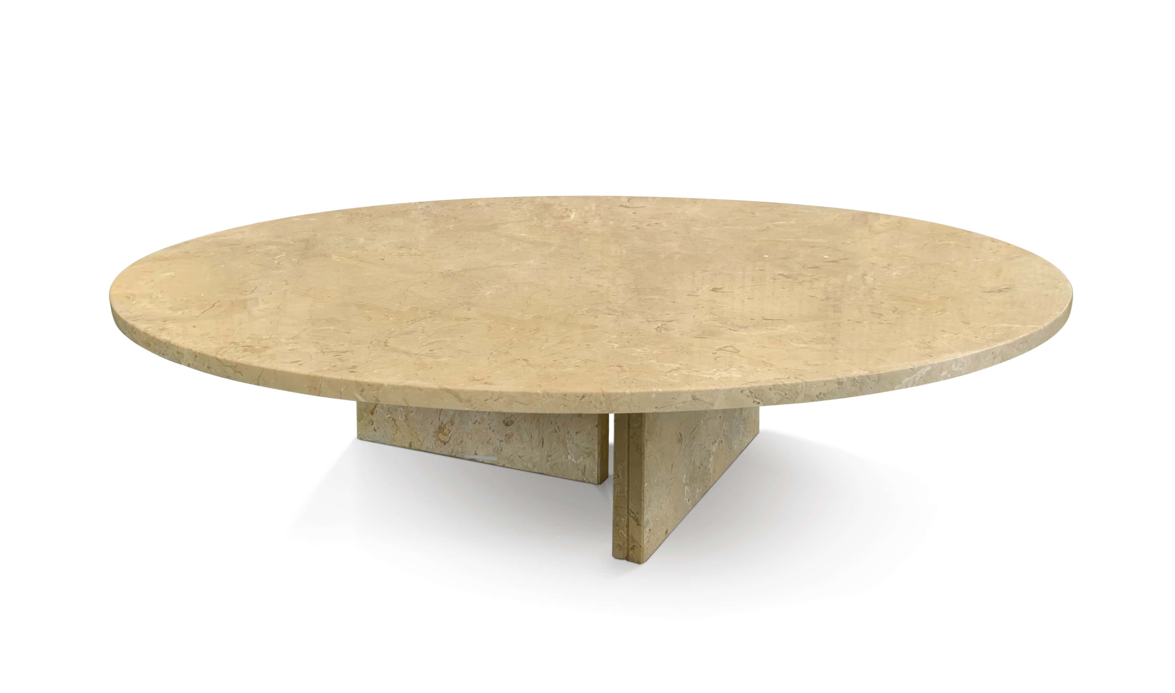 Round Amber Gold marble coffee table, polished surface and cross pedestal base, 90cm diameter, angled product view.