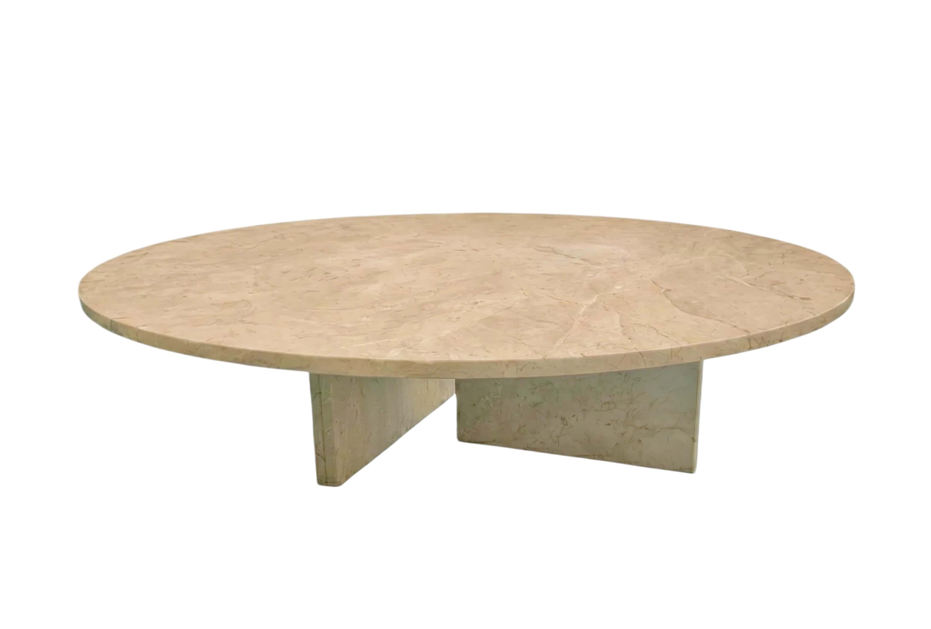 Amber Gold marble coffee table front view showing 90cm diameter polished round top and cross pedestal stone base.