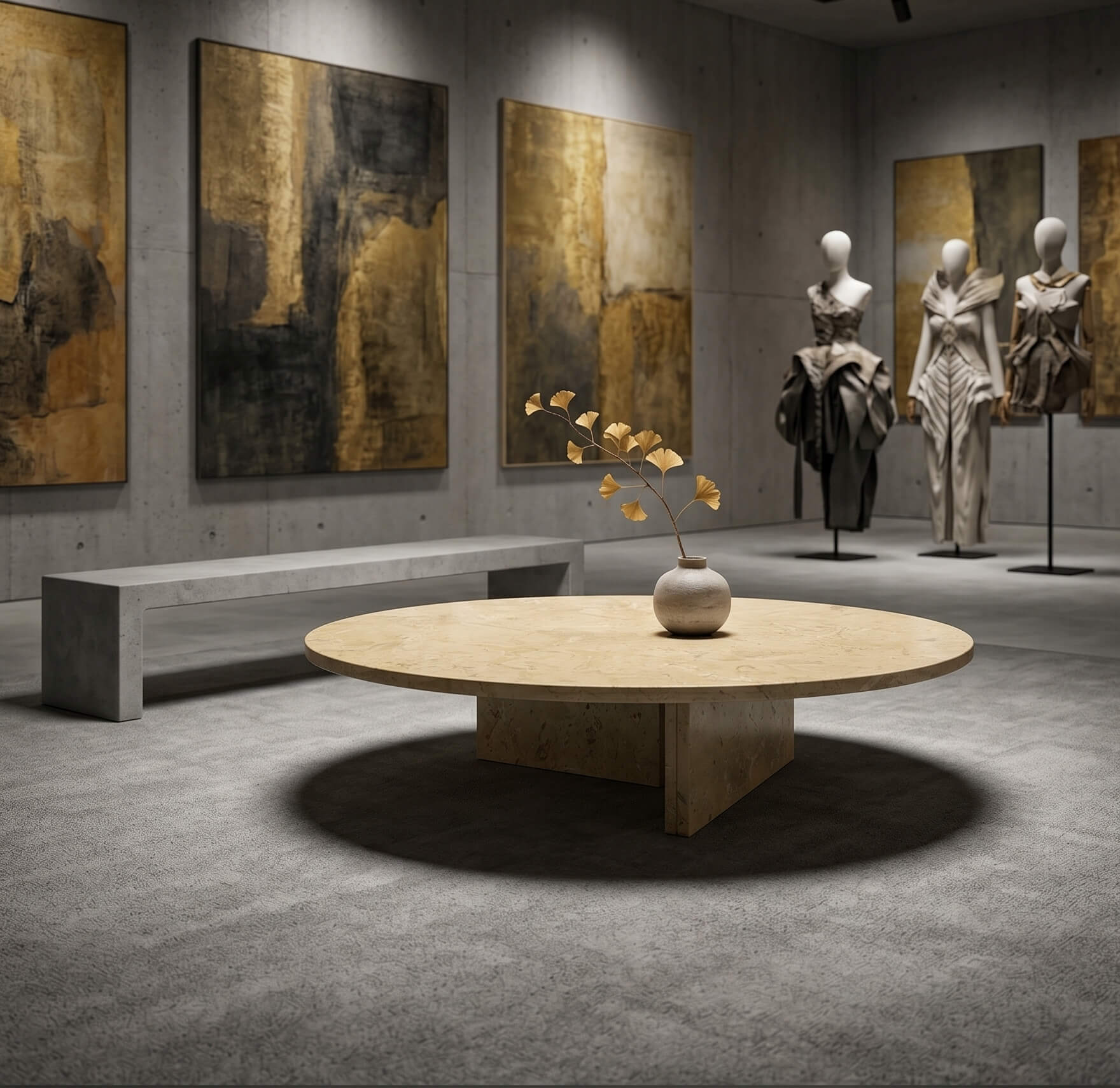 Round Amber Gold marble coffee table under spotlight beside concrete bench and gold abstract artworks in a fashion gallery.