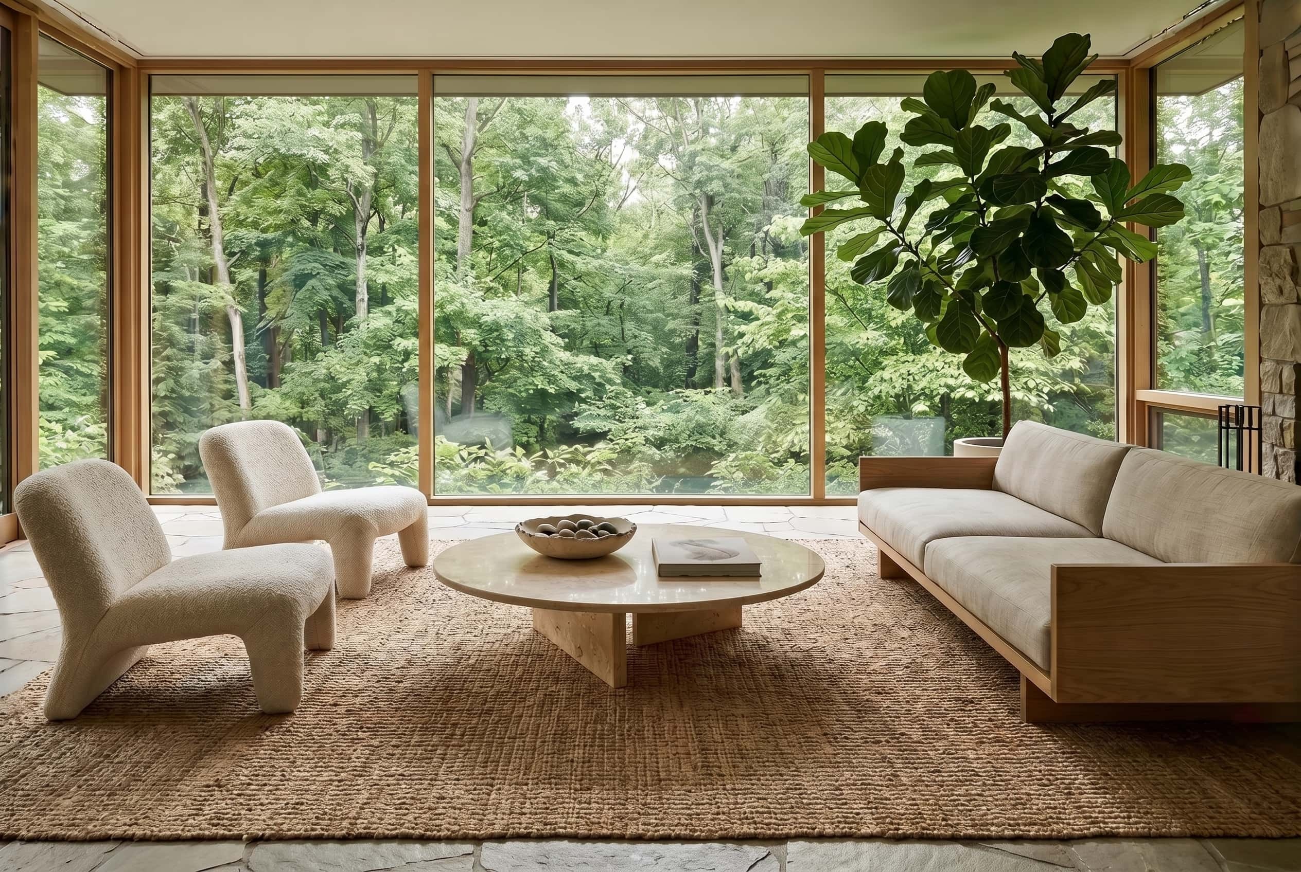 Round Amber Gold marble coffee table in a biophilic mid-century living room with bouclé chairs and forest-facing windows.