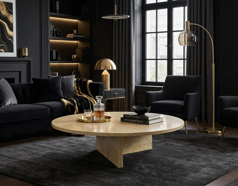 Round Amber Gold marble coffee table with whiskey decanter and brass tray in a black and gold modern penthouse living room.