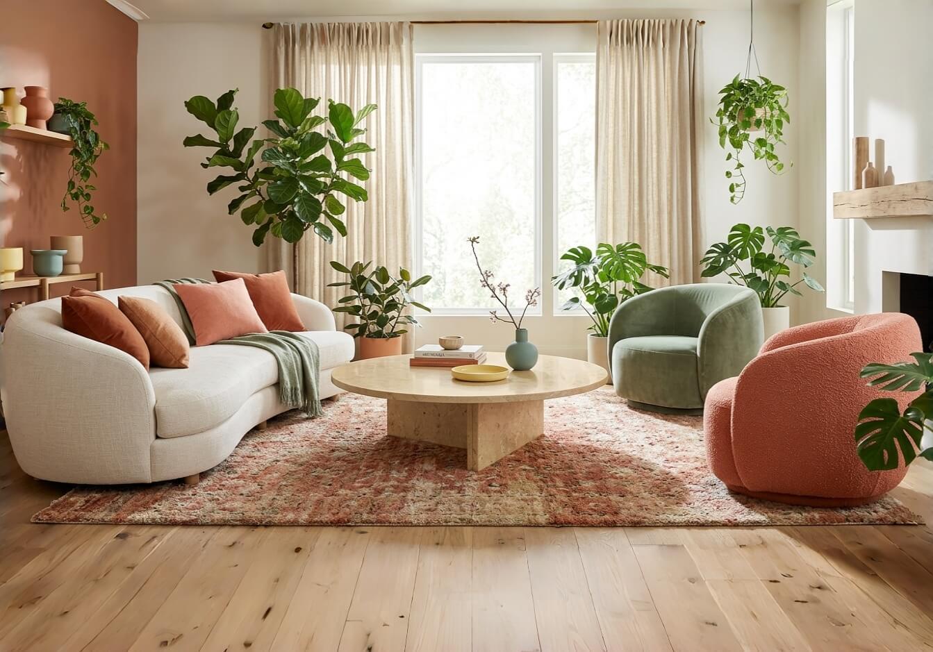 Round Amber Gold marble coffee table among rust bouclé chair, sage velvet seat and fiddle leaf fig in a boho modern living room.