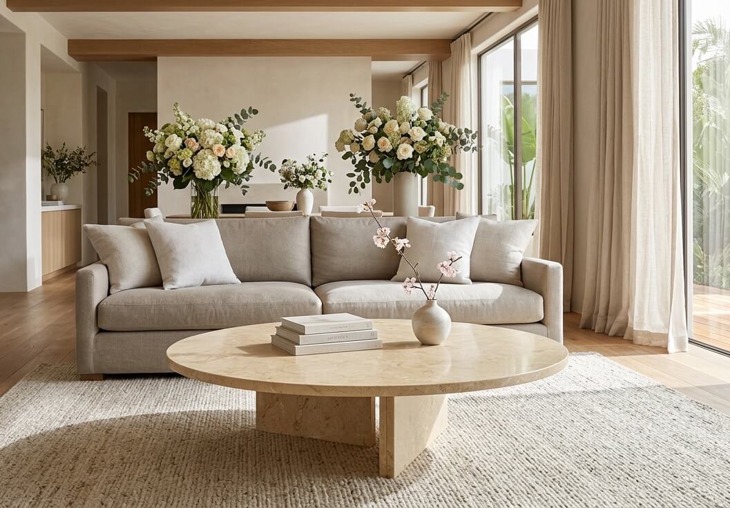 Round Amber Gold marble coffee table styled with white roses and cherry blossom in a California casual farmhouse living room.