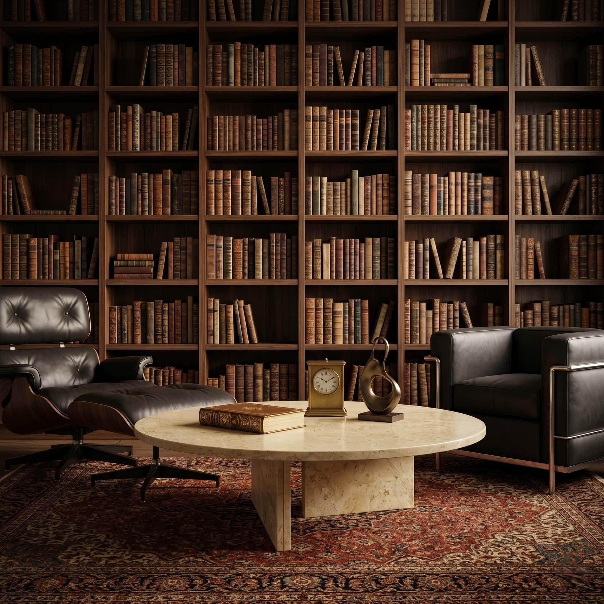 Round Amber Gold marble coffee table with antique book and brass clock between leather chairs in a classic home library.