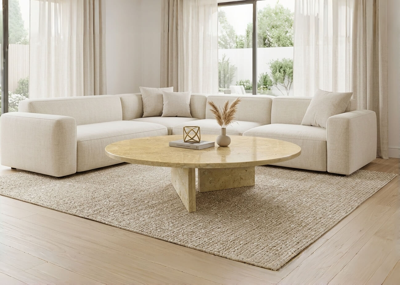 Round Amber Gold marble coffee table anchoring a cream modular sectional sofa with pampas grass in a Scandinavian living room.