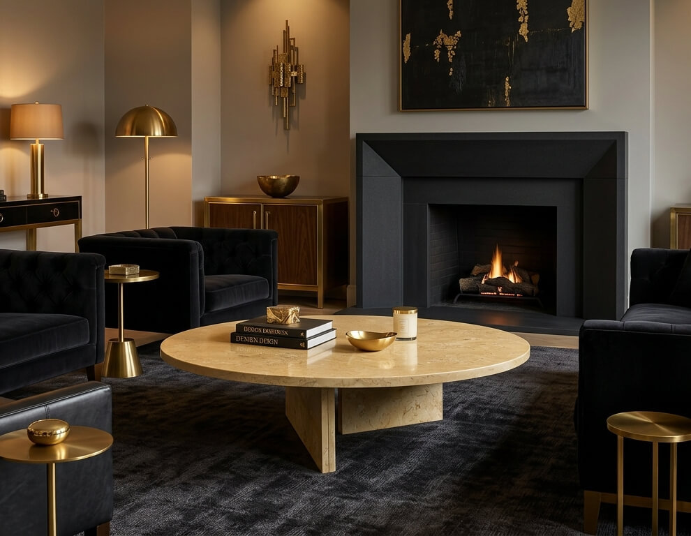 Round Amber Gold marble coffee table with black velvet seating and brass accents beside a fireplace in a dark Art Deco lounge.