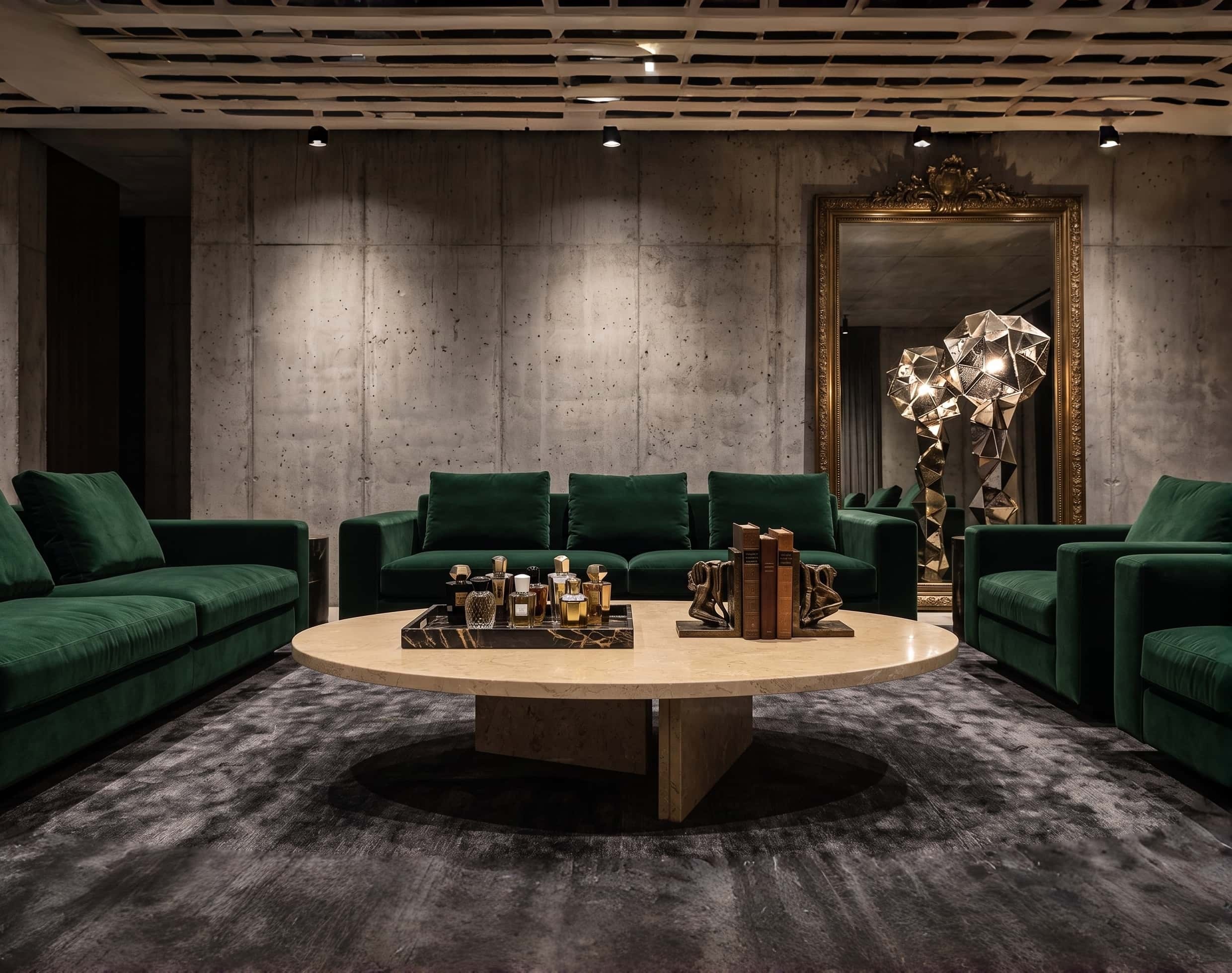 Round Amber Gold marble coffee table with vintage perfumes among emerald velvet sofas in an industrial concrete loft.