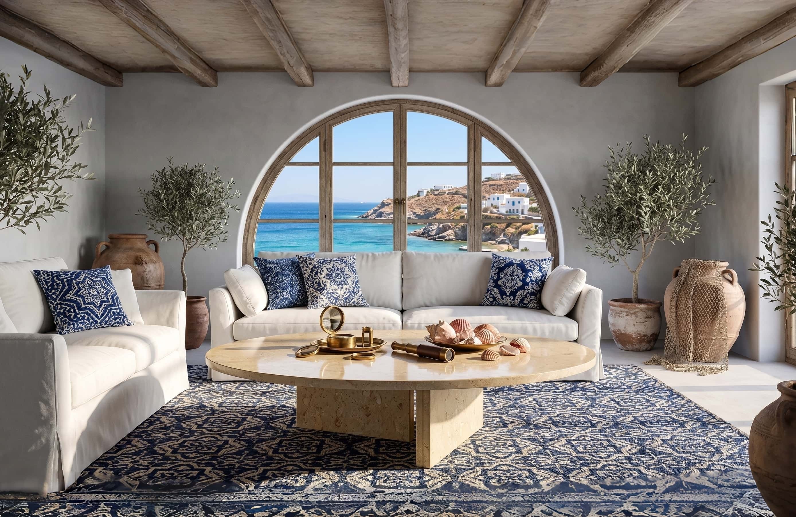 Round Amber Gold marble coffee table styled with brass telescope and seashells in a Greek coastal villa with Aegean sea view.