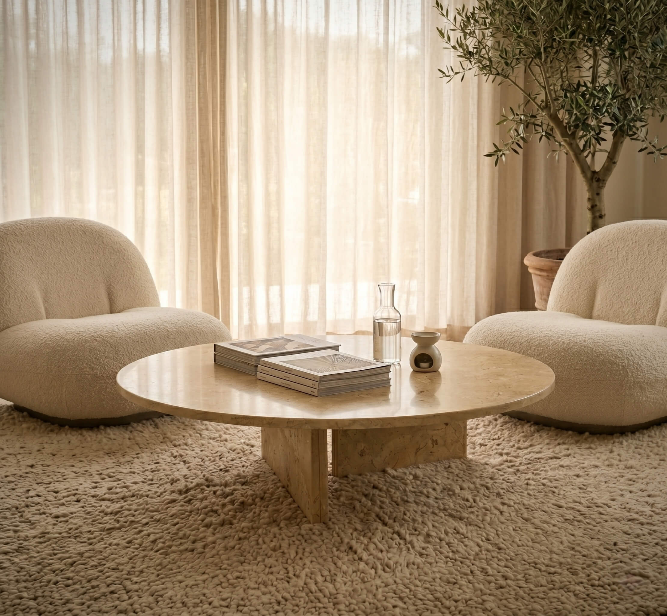 Round Amber Gold marble coffee table flanked by two cream bouclé lounge chairs in a sunlit quiet luxury sitting room.