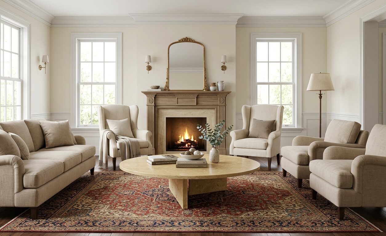 Round Amber Gold marble coffee table on Persian rug before fireplace in a traditional New England colonial-style living room.