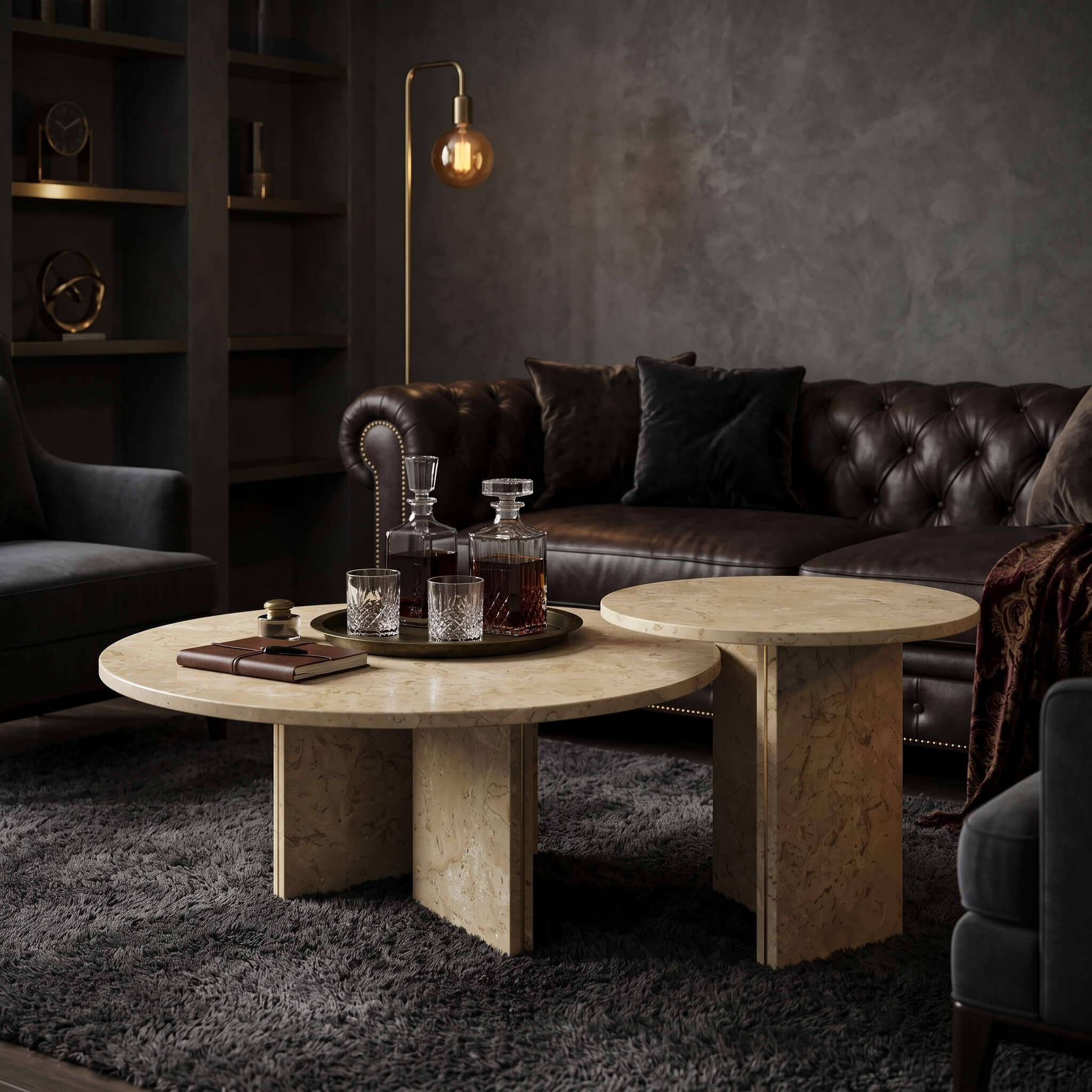 Amber Gold natural marble nesting tables set on a dark plush rug beside a tufted leather Chesterfield sofa.