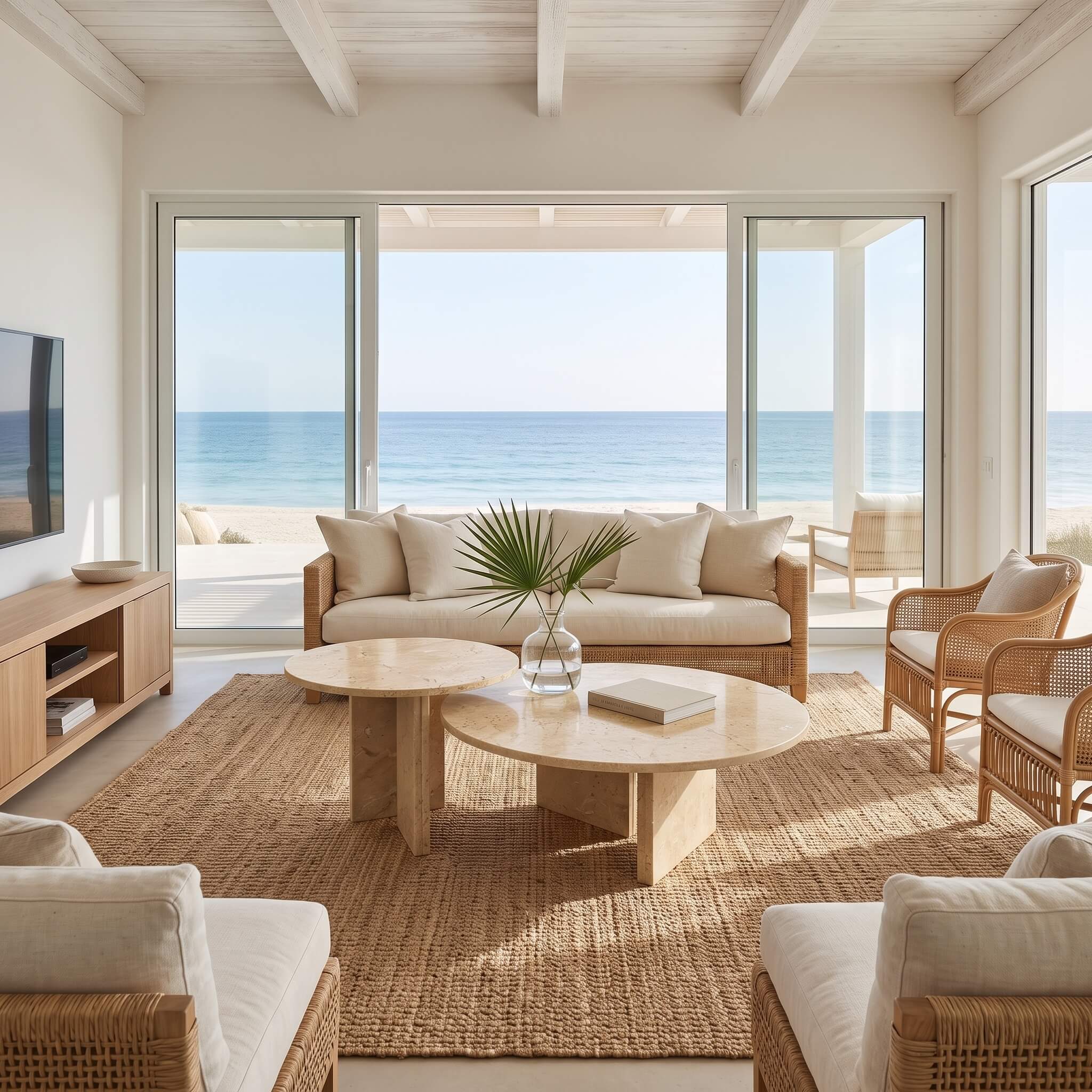 Amber Gold natural marble nesting tables set on a jute rug in a bright oceanfront living room with woven rattan seating.
