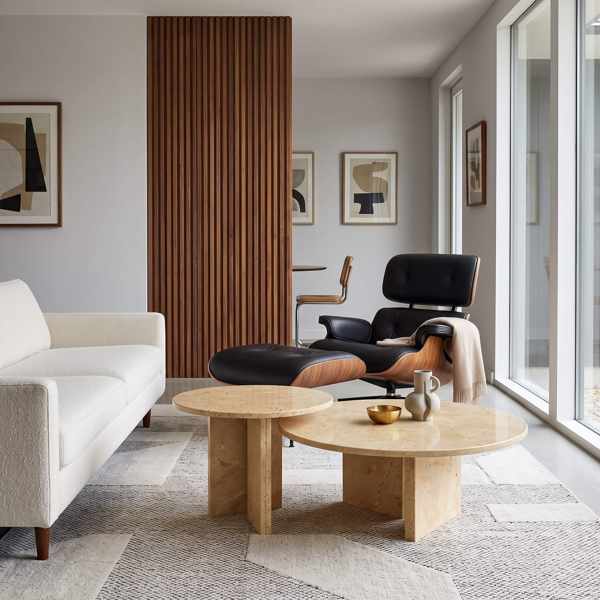 Amber Gold marble nesting tables in a modern living space featuring a black leather Eames lounge chair and wood slats.