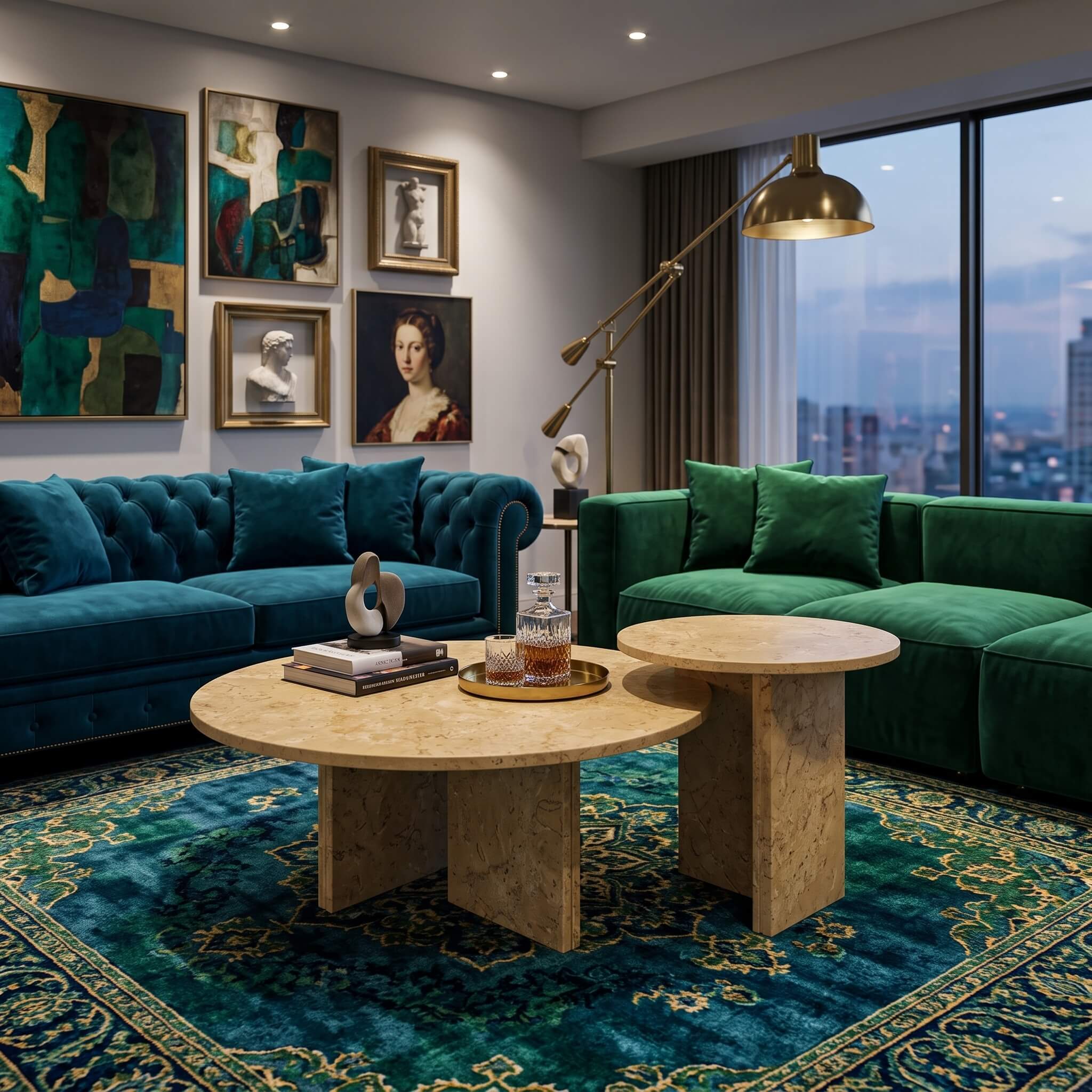Amber Gold natural marble nesting coffee tables paired with velvet blue and emerald sofas on a jewel-toned Persian rug.
