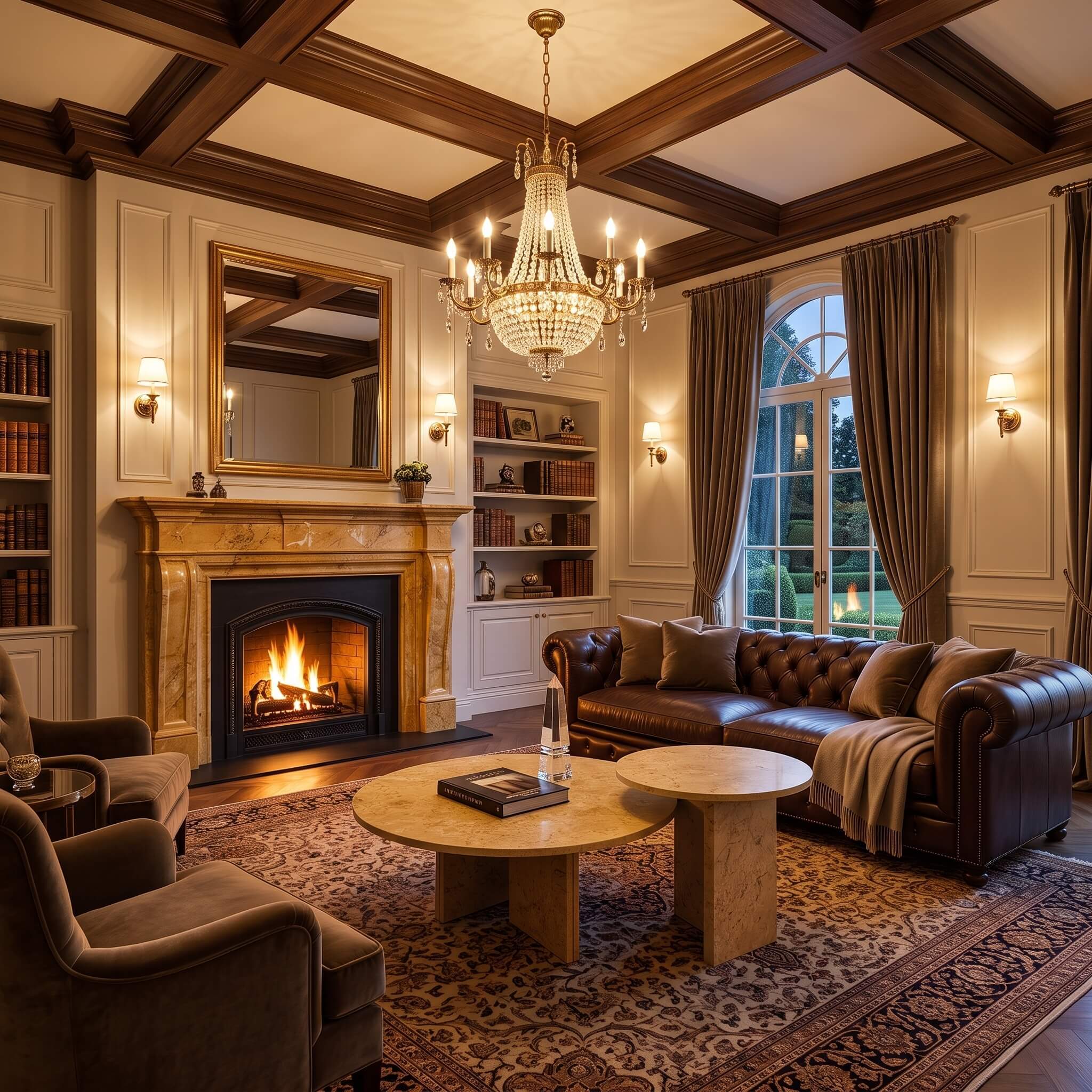 Amber Gold natural marble nesting tables set on an antique rug in a traditional living room with a stone fireplace.