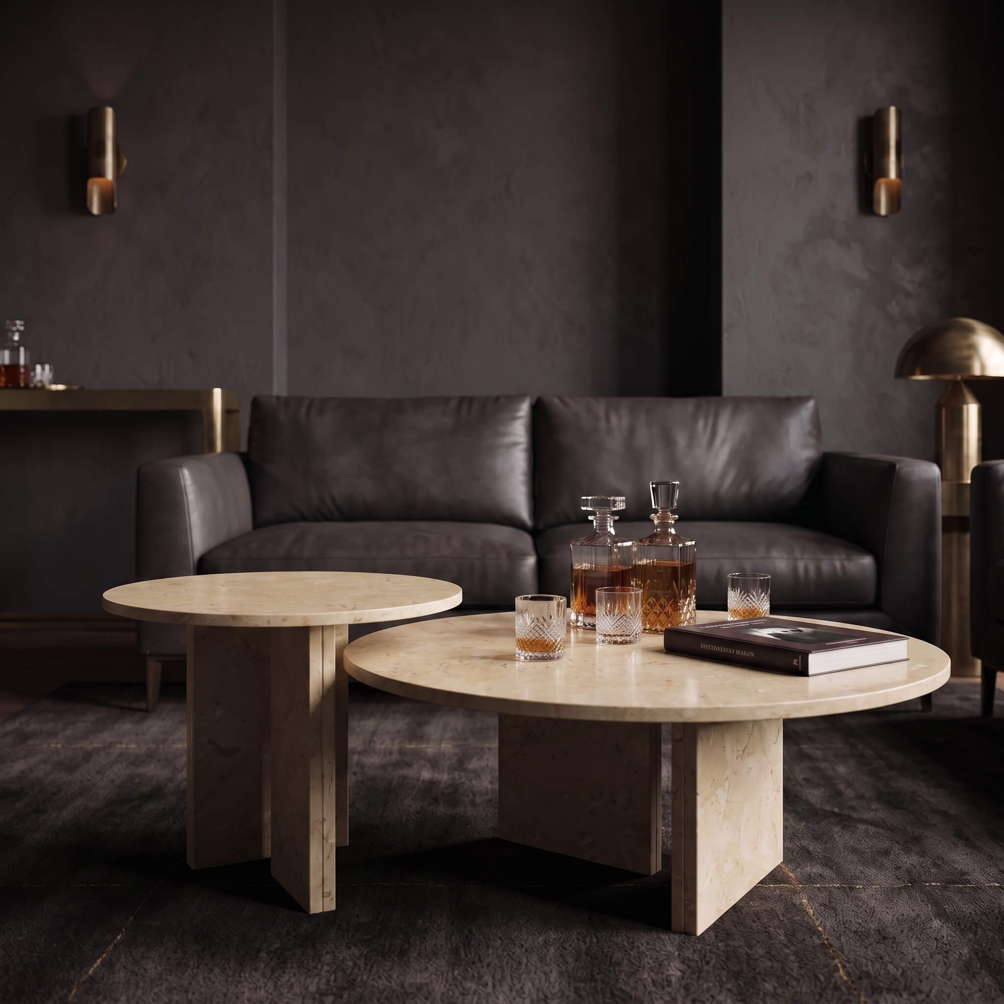 Amber Gold natural marble nesting coffee tables set in a dark mood lounge with a leather sofa and whiskey decanters.